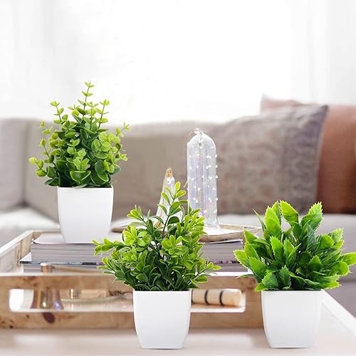 Miniatura 5 de LELEE Plantas artificiales mini plantas falsas en maceta 8 piezas pequeñas de eucalipto en maceta de hierba decorativa con maceta blanca para