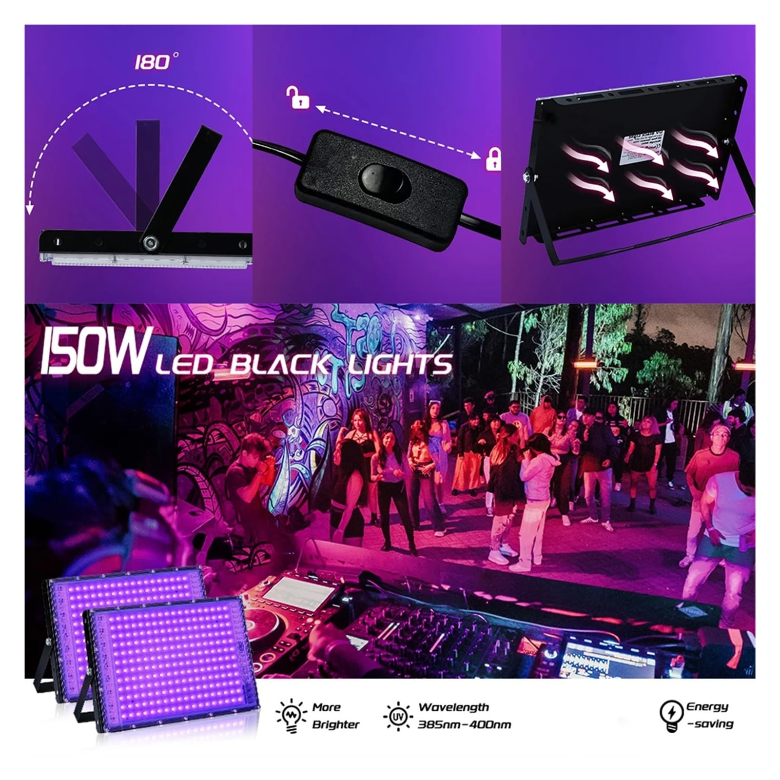 Luz negra UV LED for exteriores, 50 W, 100 W, 150 W, 395 nm, for discotecas, fiestas y escenarios. Con alta eficiencia de curado(2 Pack 150W_395nm)