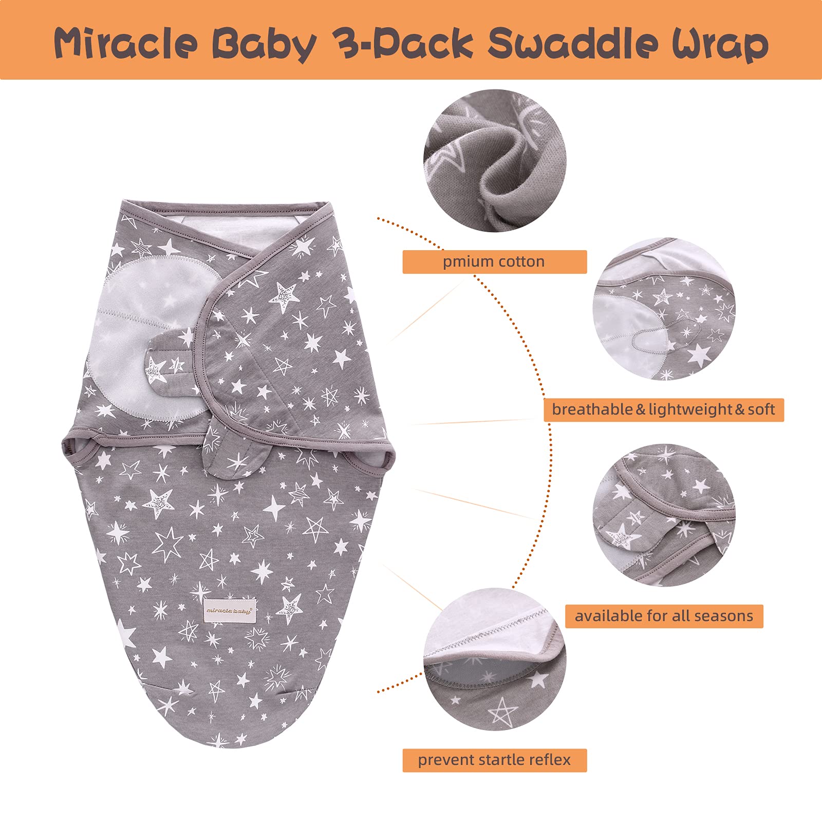 Miracle Baby 3 Pièces Couverture d'Emmaillotage Gigoteuse Sac de Couchage Lange pour Bébé Naissance Nourrisson Nouveau-Né de 0-6Mois en 100% Coton