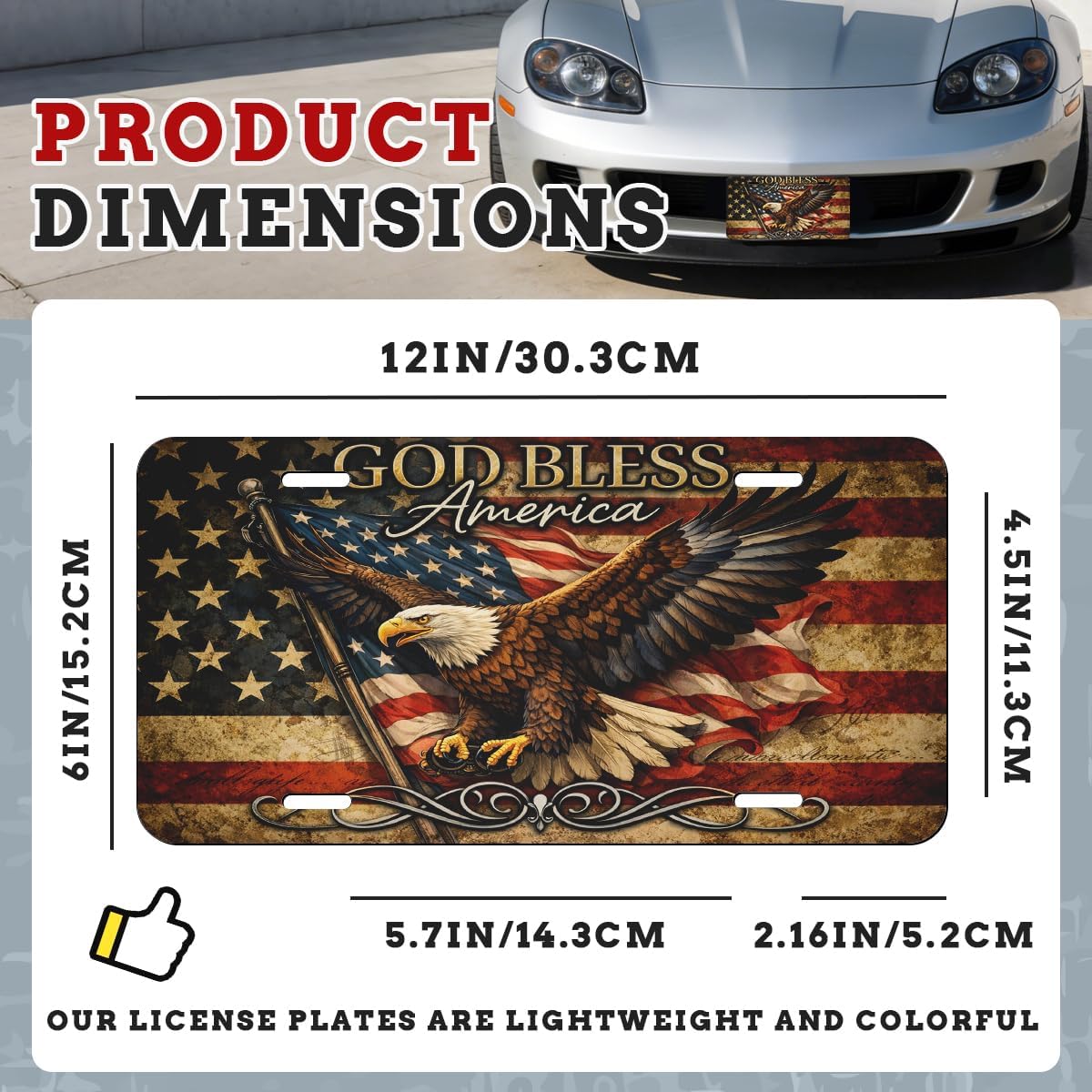 God Bless America Front License Plate America Flag Bald Eagle Patriotic Car Decorative License Plates Aluminum Metal Accessory Novelty Vanity Tag Cover with 4 Holes for Men Women 6" X 12"
