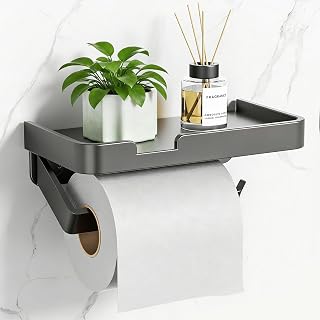 Toilettenpapierhalter, Toilettenpapierhalter Ohne Bohren, Selbstklebend Klopapierhalter mit Ablage, WC Papier Halterung, Toilettenpapier Halterung für Badezimmer Küche Toilette, Grau