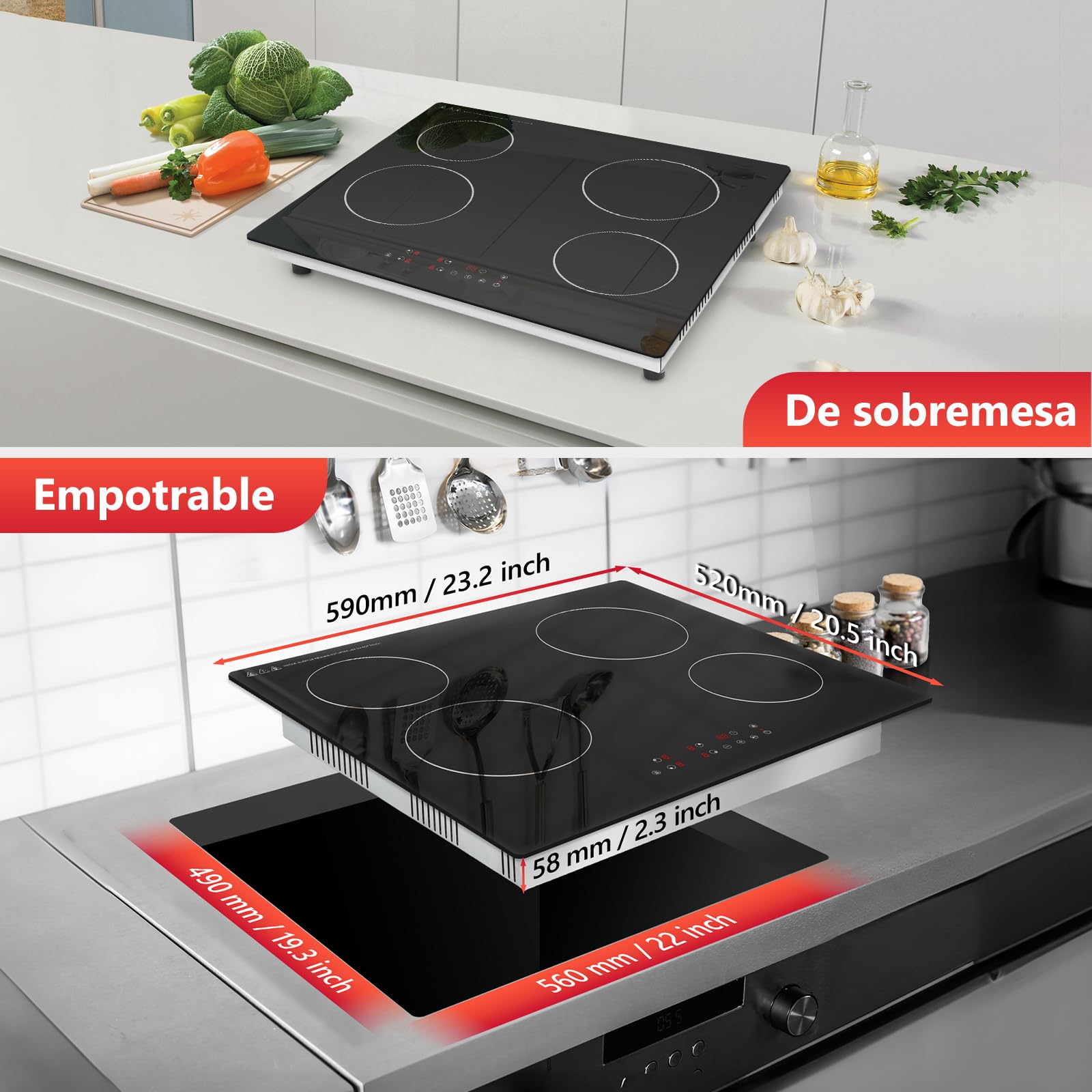 Placa Vitrocerámica 60 cm 4 Zonas, 6000W Placa Eléctrica con Control Táctil, 9 Niveles de Potencia, Temporizador, Pausa, Mantener Caliente, Bloqueo Infantil, Uso Empotrado o Sobremesa