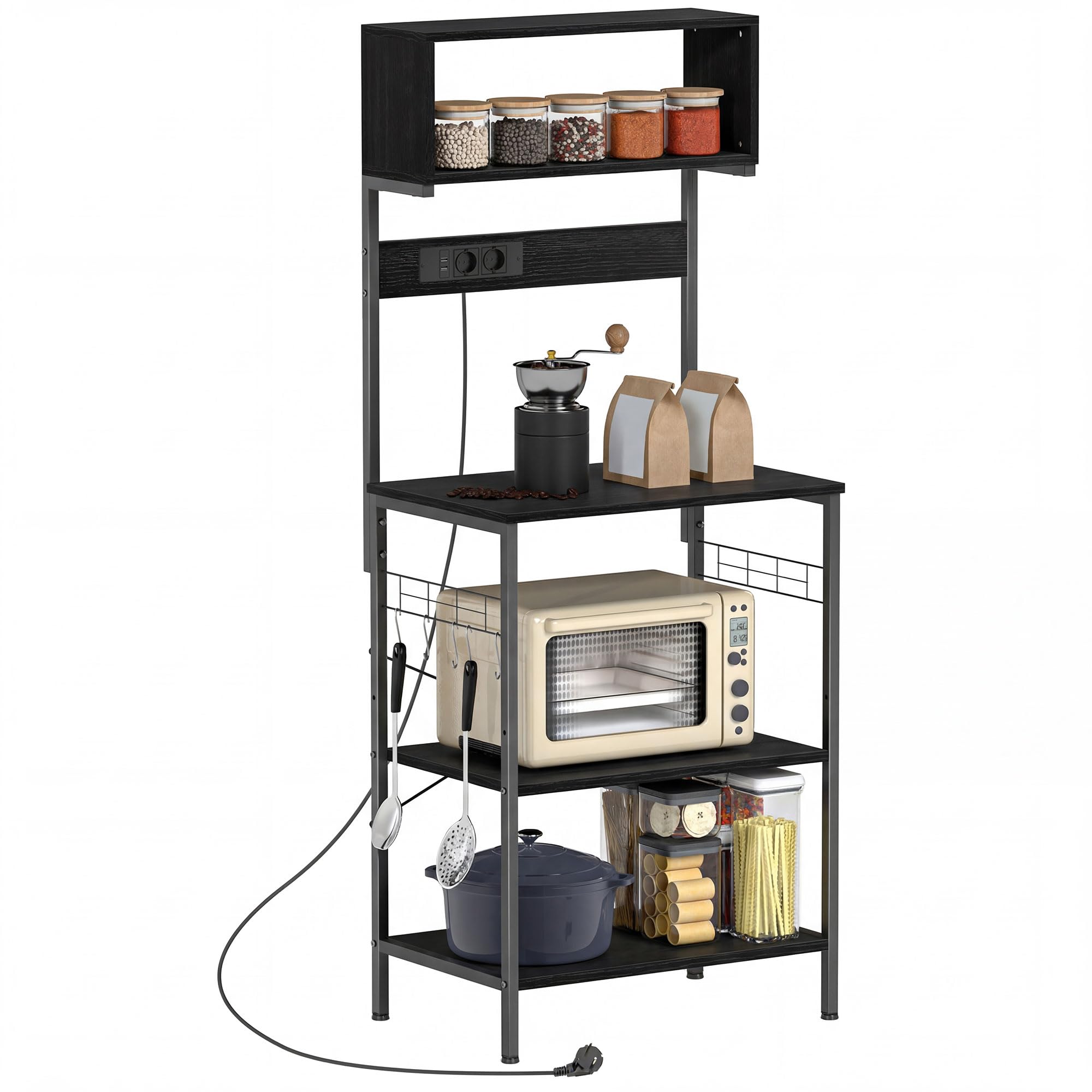 HOMCOM Scaffale da Cucina con Multipresa, Scaffale per Microonde con Ripiani e Ganci Stile Industriale, Mobile Cucina Vintage con Struttura in Acciaio, 60x42x153cm, Nero