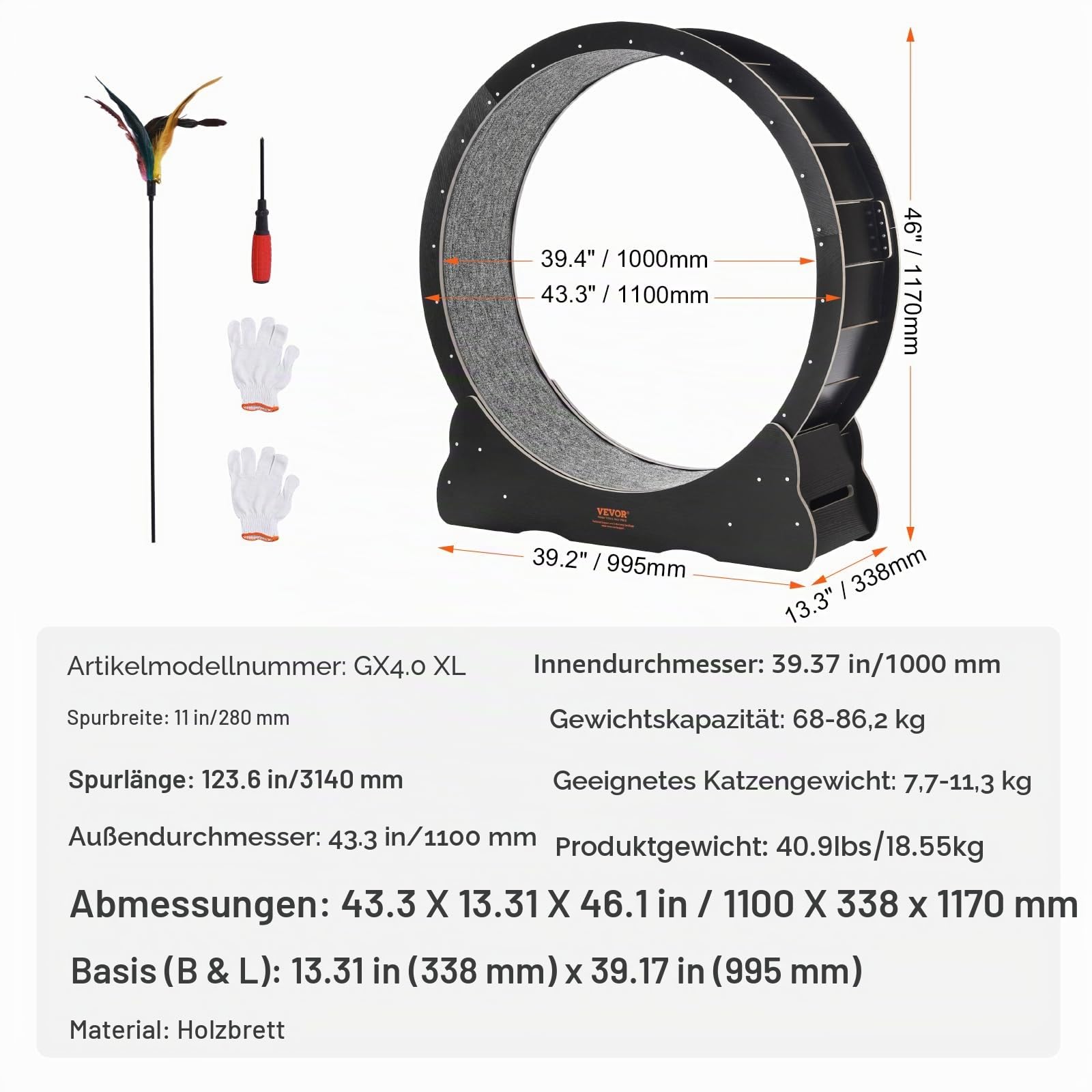 VEVOR Katzenlaufrad aus Holz, 110cm großes Katzenlaufband für Hauskatzen, Katzenlaufrad mit abnehmbarem Teppich & Katzenangel zum Laufen/Gehen/Trainieren, für die meisten Katzen geeignet, Schwarz