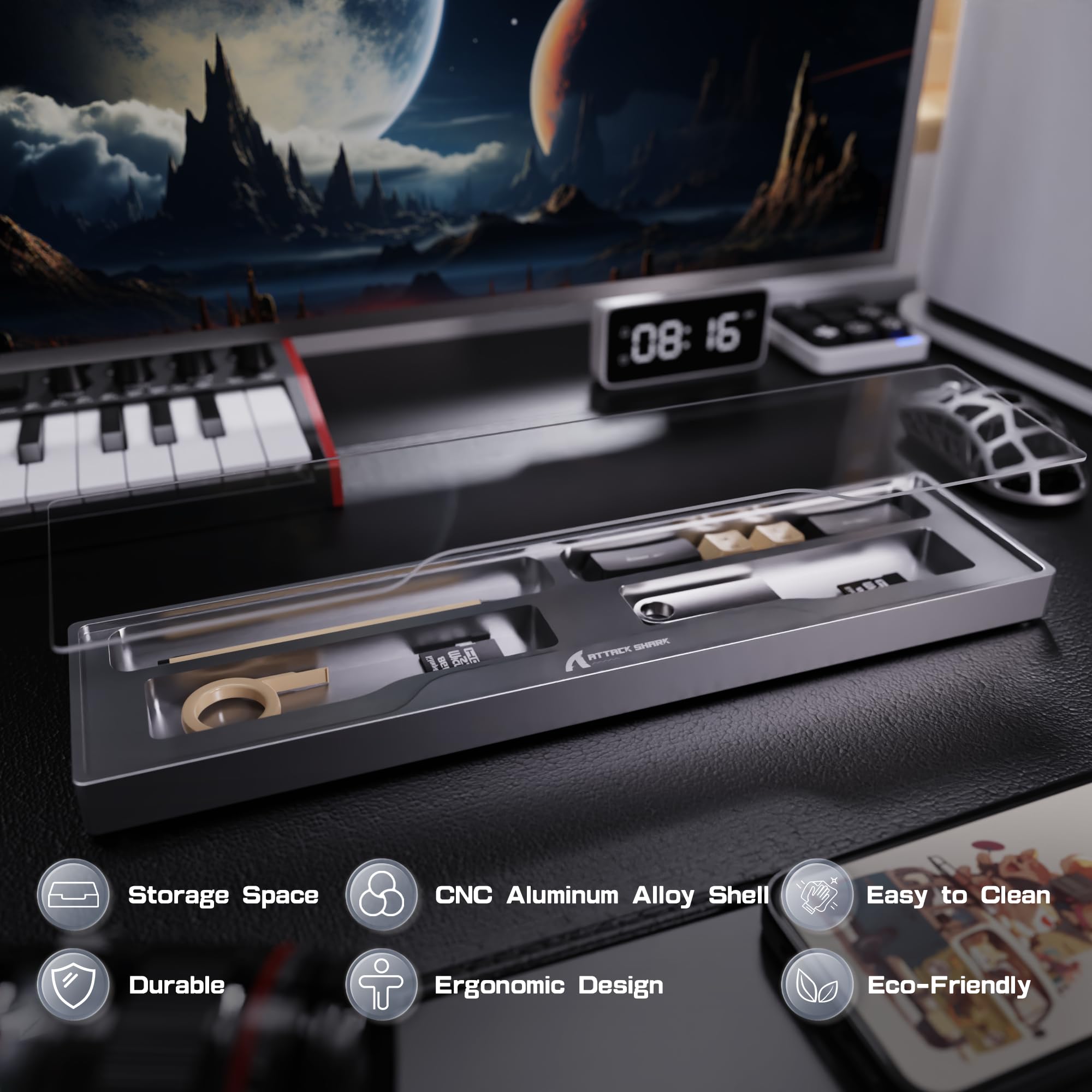 ATTACK SHARK Podkładka Podkładka Pod Nadgarstki do Klawiatury CNC z Aluminium z Przegródką na Przechowywanie, 2 Nakładki z Przezroczystego Akrylu, Ergonomiczne, Idealne do Biura/Domu - Srebrna