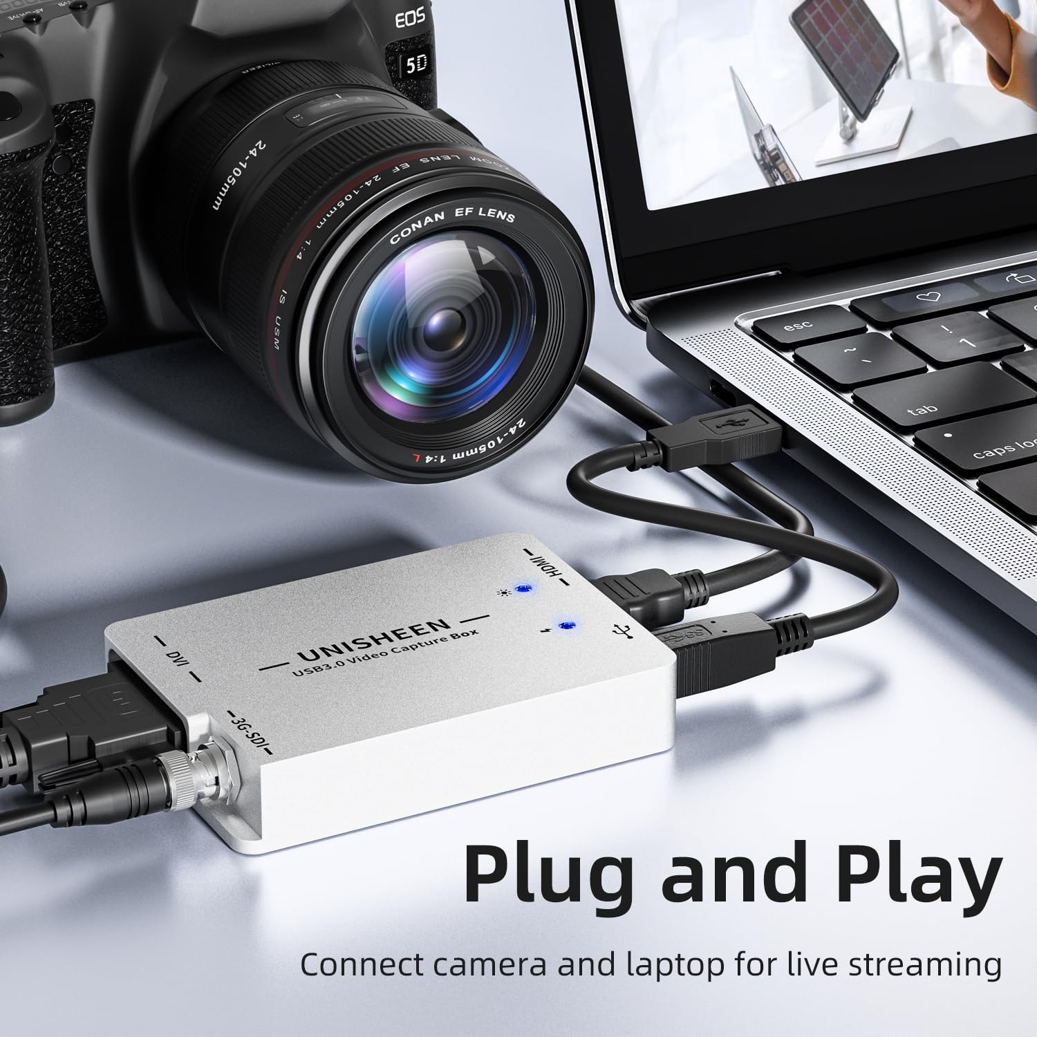 Tarjeta de captura de vídeo USB 3.0 SDI HDMI DVI para Windows, Linux, OS X (Mac) HD Loop Thru Game Dongle Grabber Dispositivo 1080P 60 fps UVC Free Driver Box, color plateado