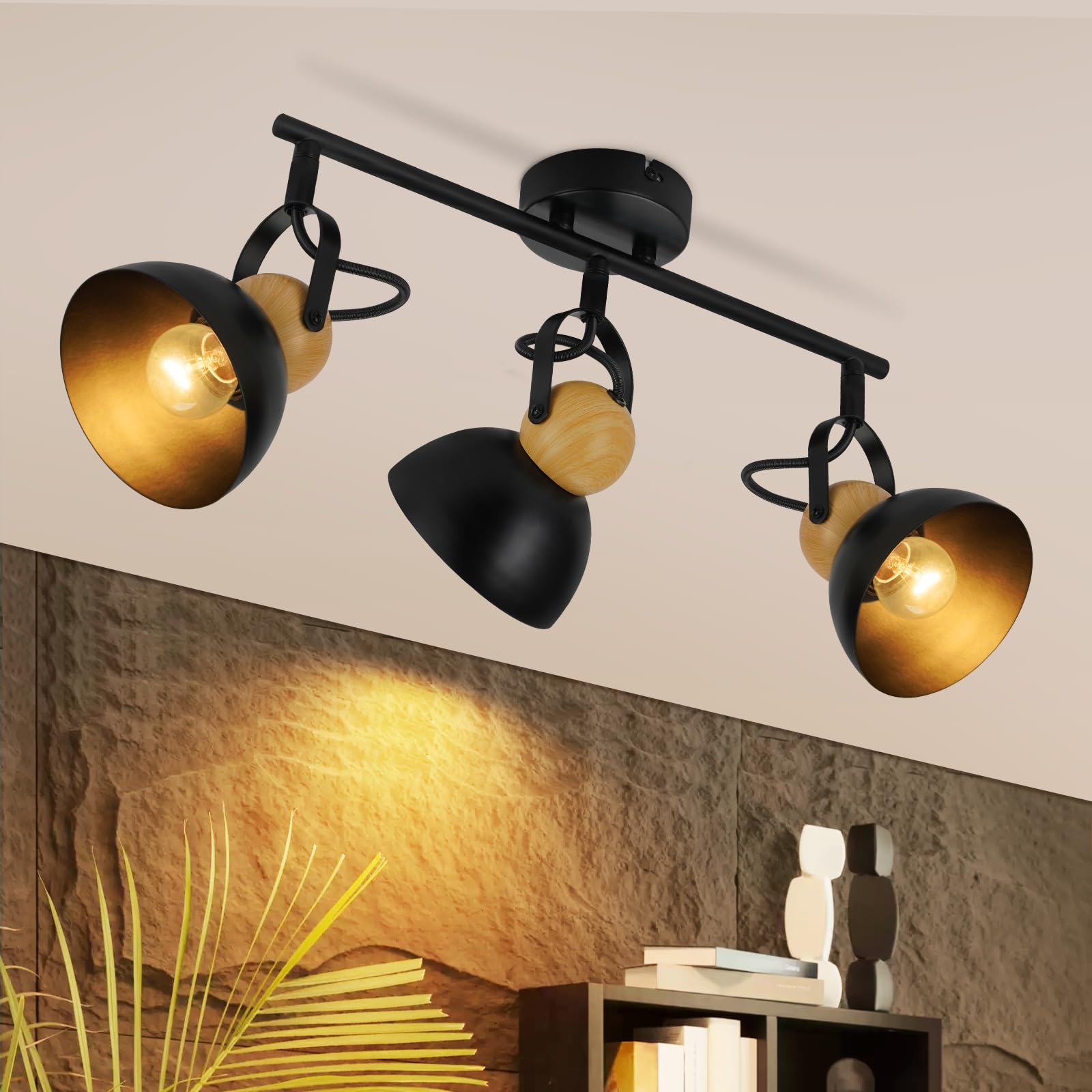 ZMH Foco de Techo Vintage Negro - 3 Bombillas Focos de Techo Retro E27 Lámpara de Cocina Giratoria 350 ° Lámpara de Techo Industrial de Metal para Cocina Sala de Estar Dormitorio