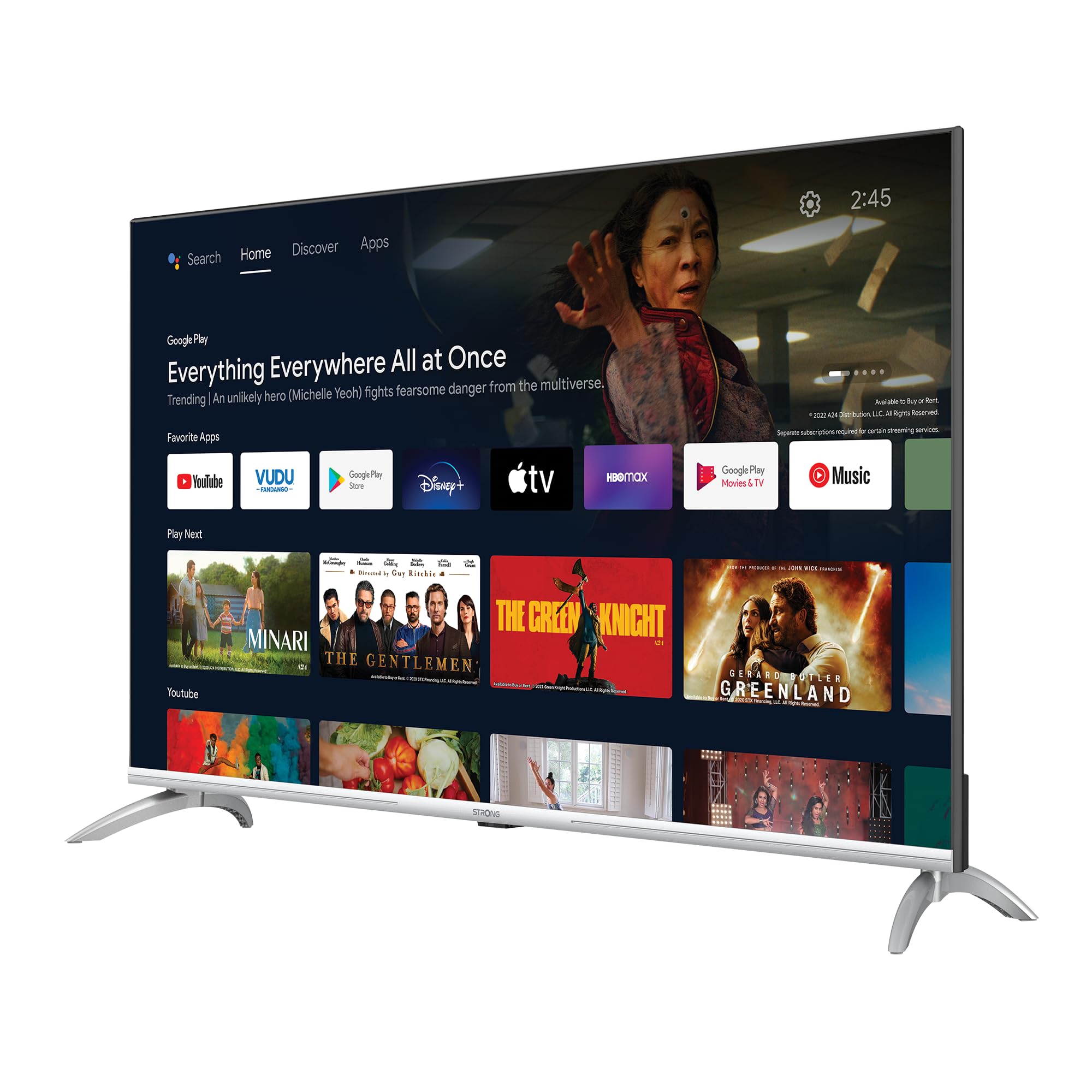 Strong - Smart tv 4K UHD SRT43UD6593 - 43 Pouces (108 cm) Connectée sous Android TV - Applis de Streaming - Partage de Fichiers/Écrans - WiFi & Bluetooth - Google Assistant - Noire
