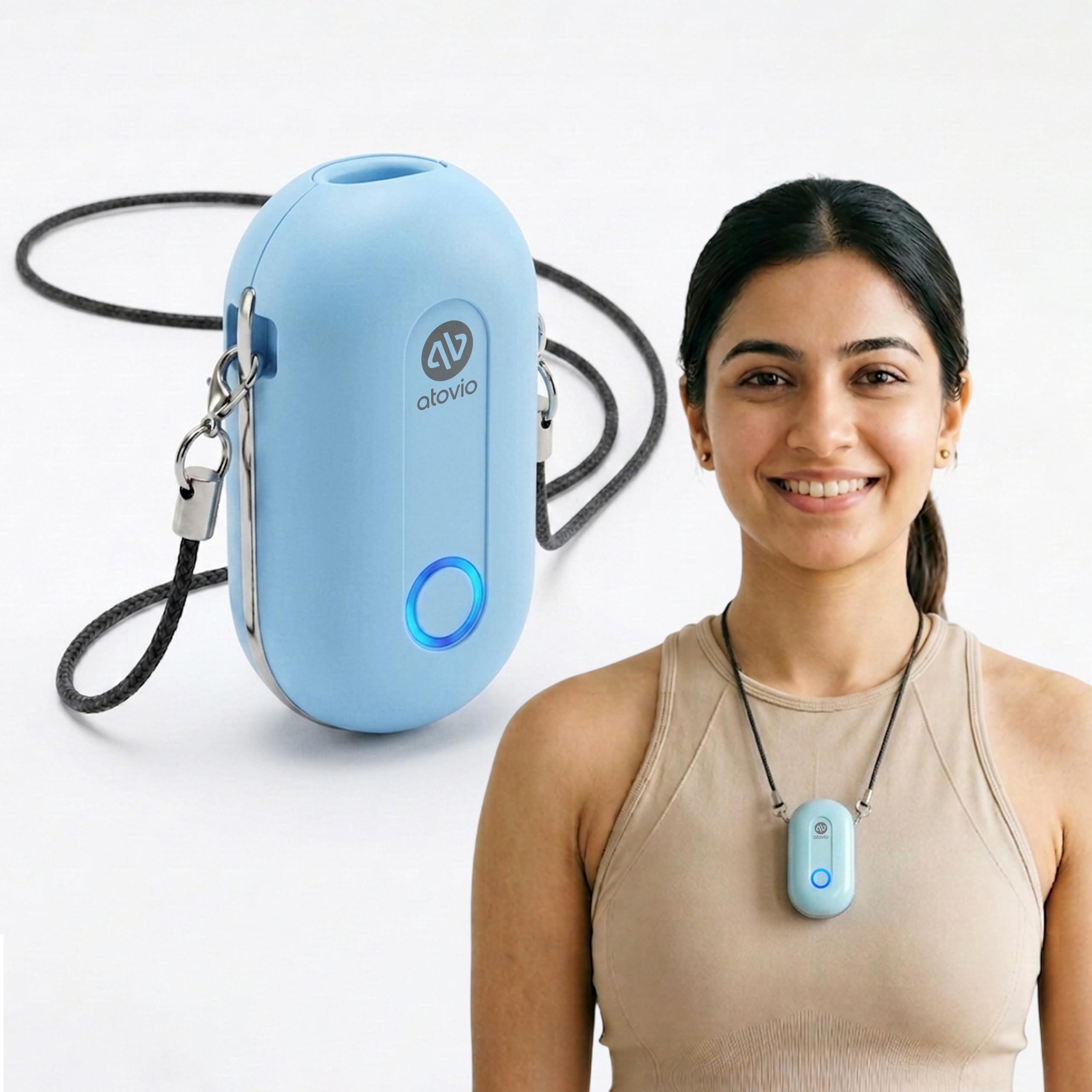 Atovio Wearable & Portable Filterless Air Purifier | TESTED AT IIT KANPUR | MADE IN INDIA | 99.9% Pollutant Removal | Dust, Smoke & PM2.5 Protection | 50+ Hrs Runtime | 1 Year Warranty (Sky Blue)