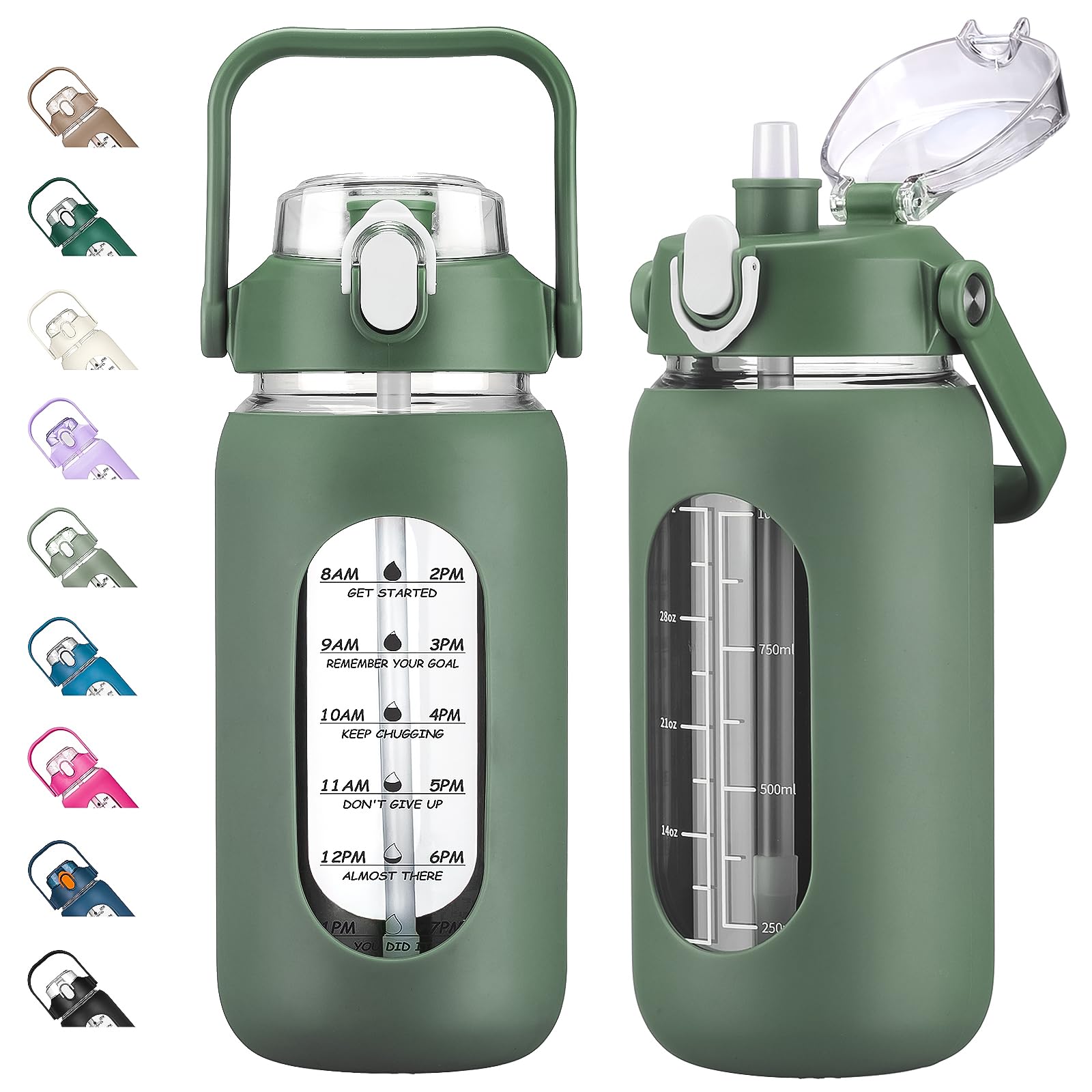 kytffu 42oz Glass Water Bottles with Straw, Motivational Glass Bottle with Silicone Sleeve and Time Marker, Leakproof Large Glass Water Jug for Gym Home Office,Olive โ image 1