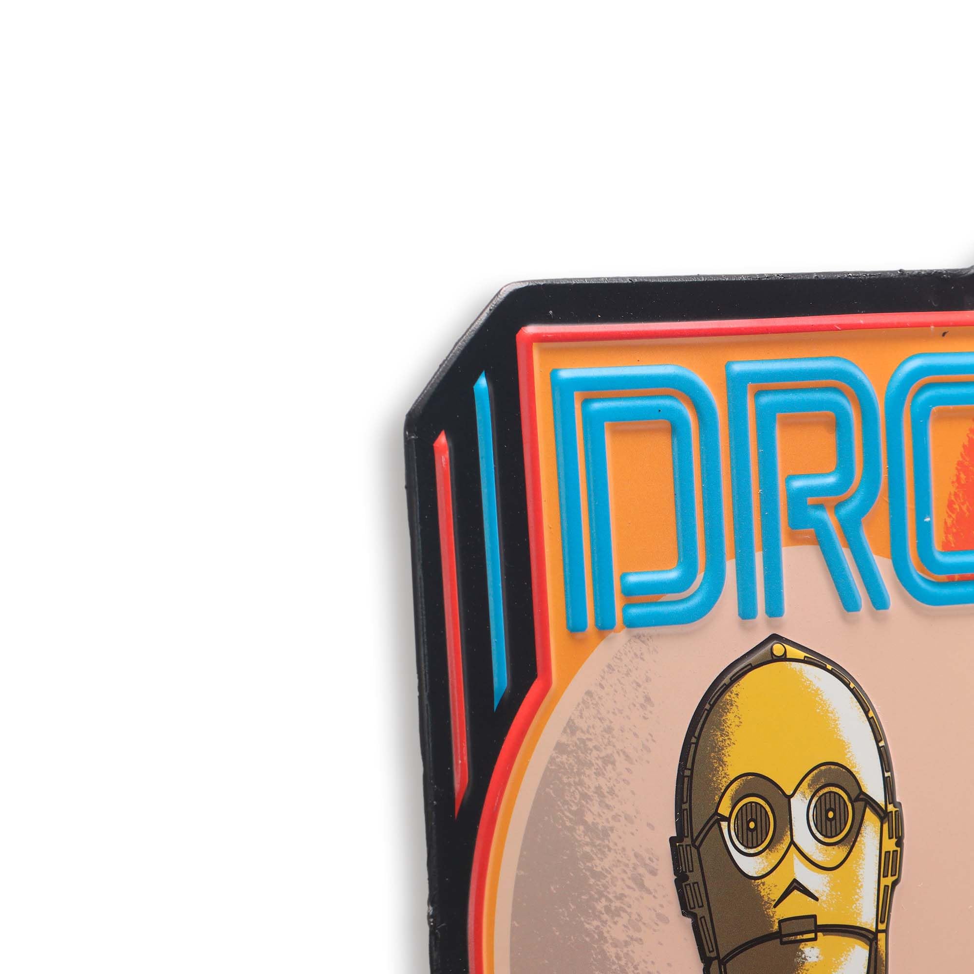 Cartel metálico en relieve Disney Star Wars de los droides escapando de Tatooine, retro, con R2-D2 y C-3PO para la pared del hogar.