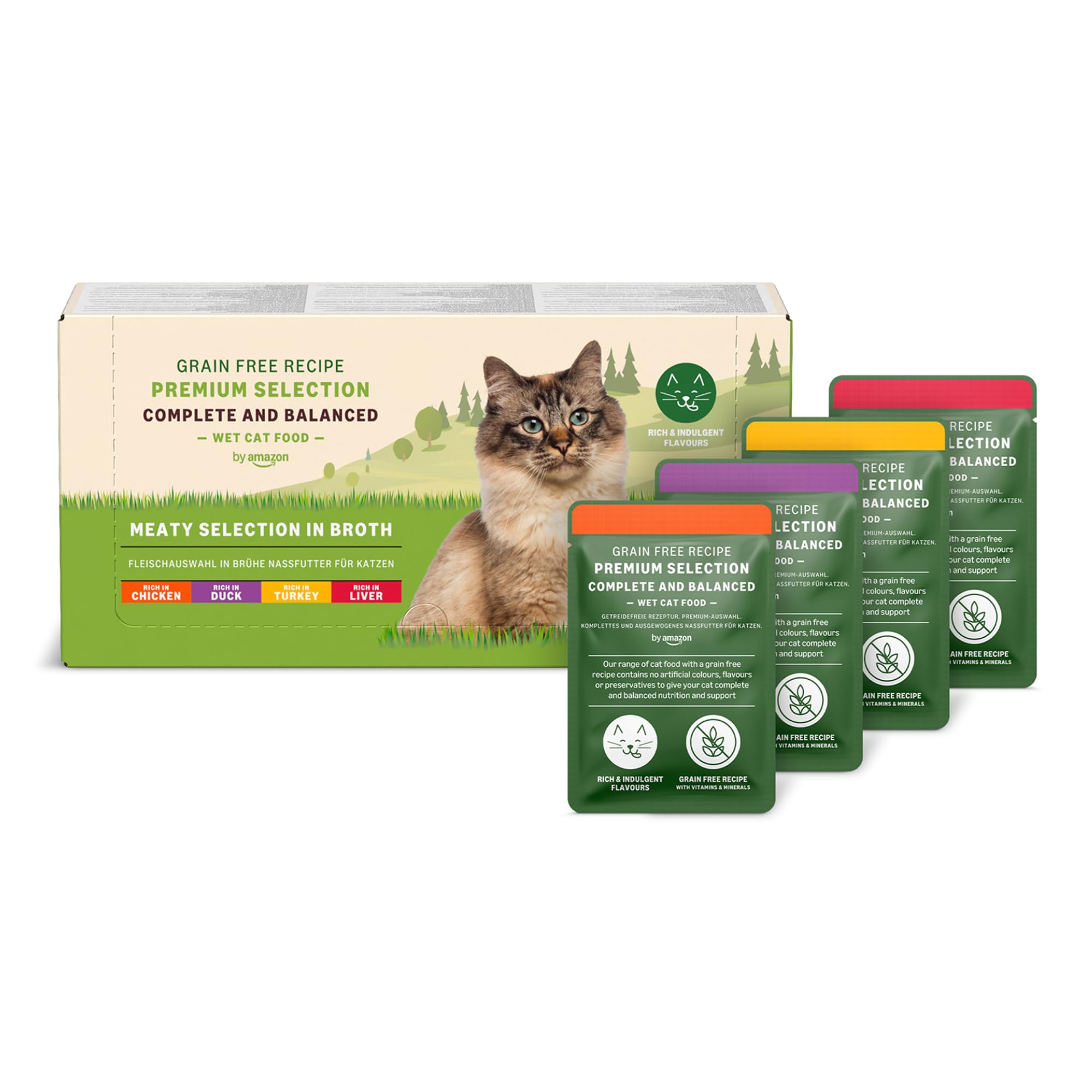 by Amazon Grain-Free Complete Wet Food for Adult Cats, Chicken, Duck,  Turkey and Liver In Broth Selection, 4.76 kg (56 pouches of 85g)  (Previously Lifelong) : Amazon.co.uk: Pet Supplies