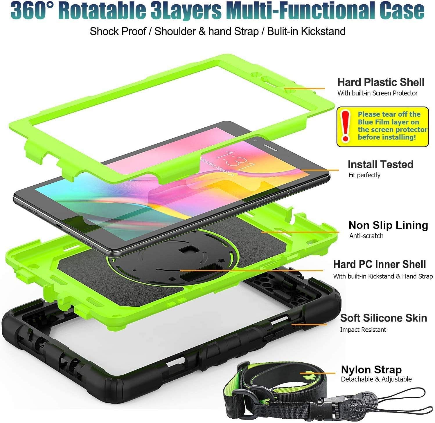 Samsung Galaxy Tab A 8.0 Case 2019 for Kids | Galaxy Tab A 8.0 Case SM-T290/T295/T297 with Kickstand & Screen Protector| Blosomeet Shockproof Protective Cover w/Hand Shoulder Strap | Green