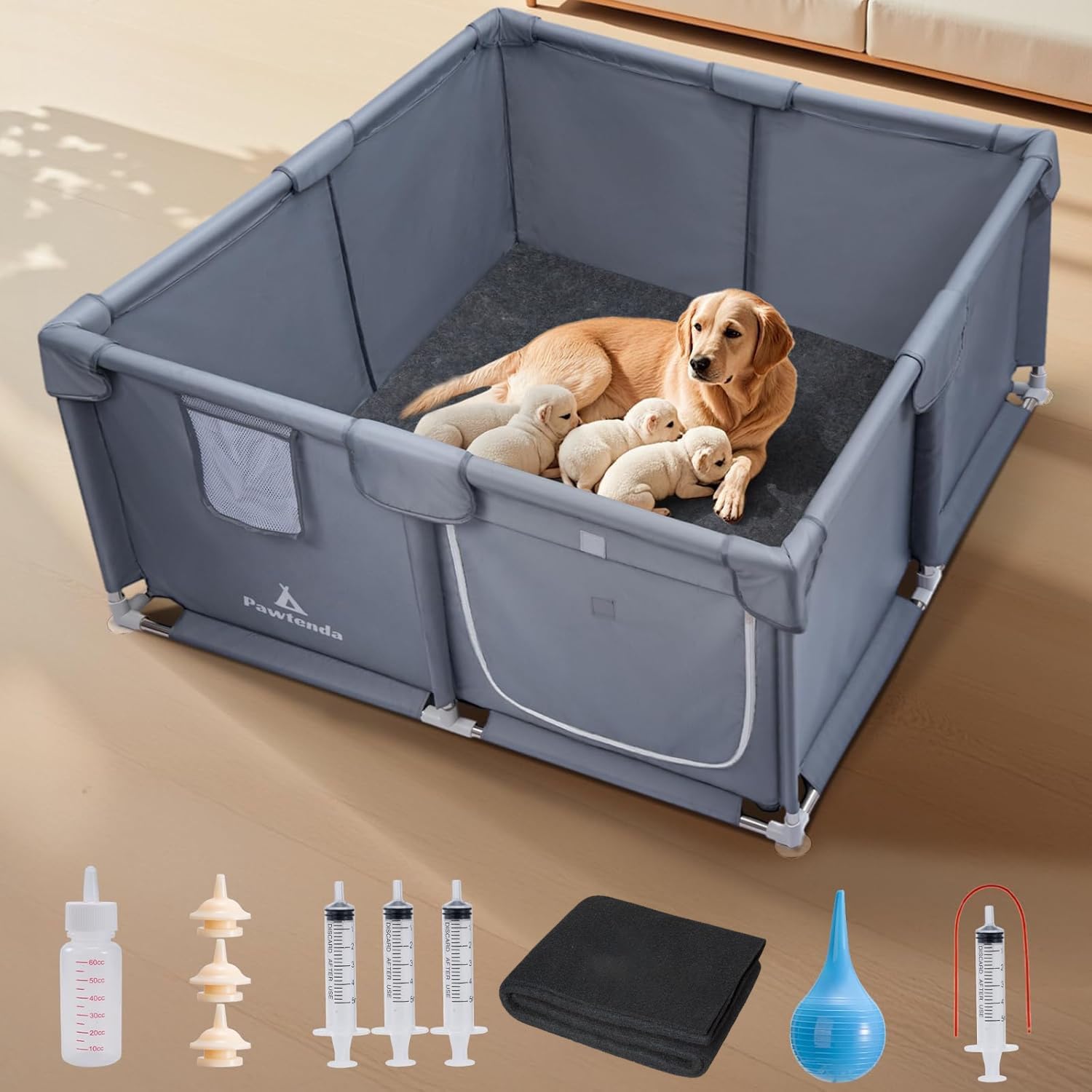Pawtenda Caja de parto para perros y cachorros, con kit de cuidado de cachorros de 5 piezas | 47 x 47 x 24 pulgadas, para perros de raza mediana y grande, corralito de tela Oxford resistente al desgarro con ventosas