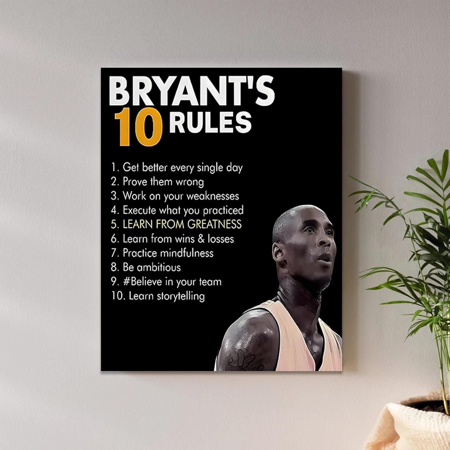 Kobe Bryant Canvas Wall Art Decor - Inspirational "Bryant's 10 Rules" Poster, Motivational Basketball Artwork for Home, Office or Gym Wall Decor 12x16