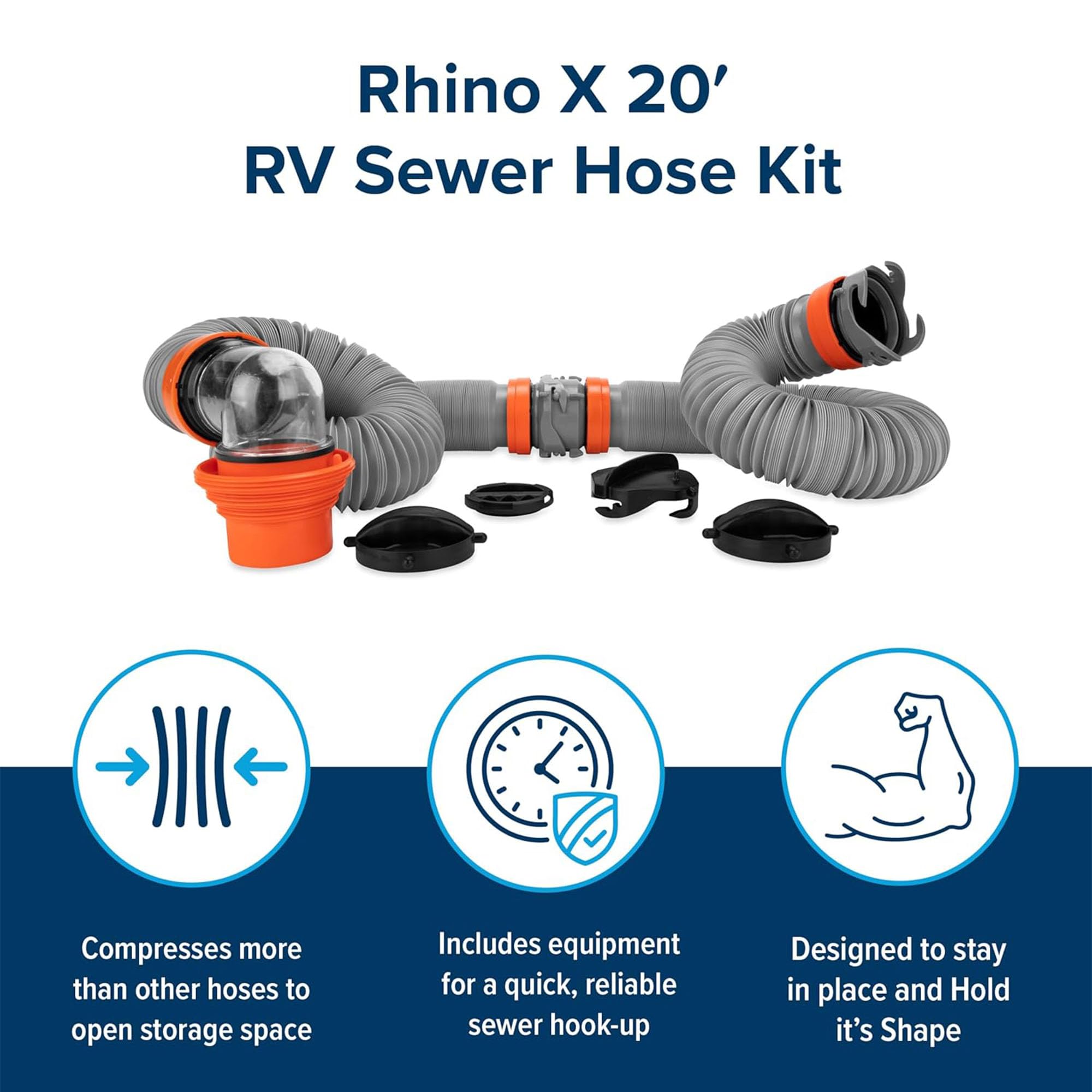Camco Rhino X - Kit de manguera de alcantarillado para caravana/caravana, (2) mangueras sépticas resistentes de 10 pies - Diseñado para mantener la forma y permanecer en su lugar - Incluye adaptador 4