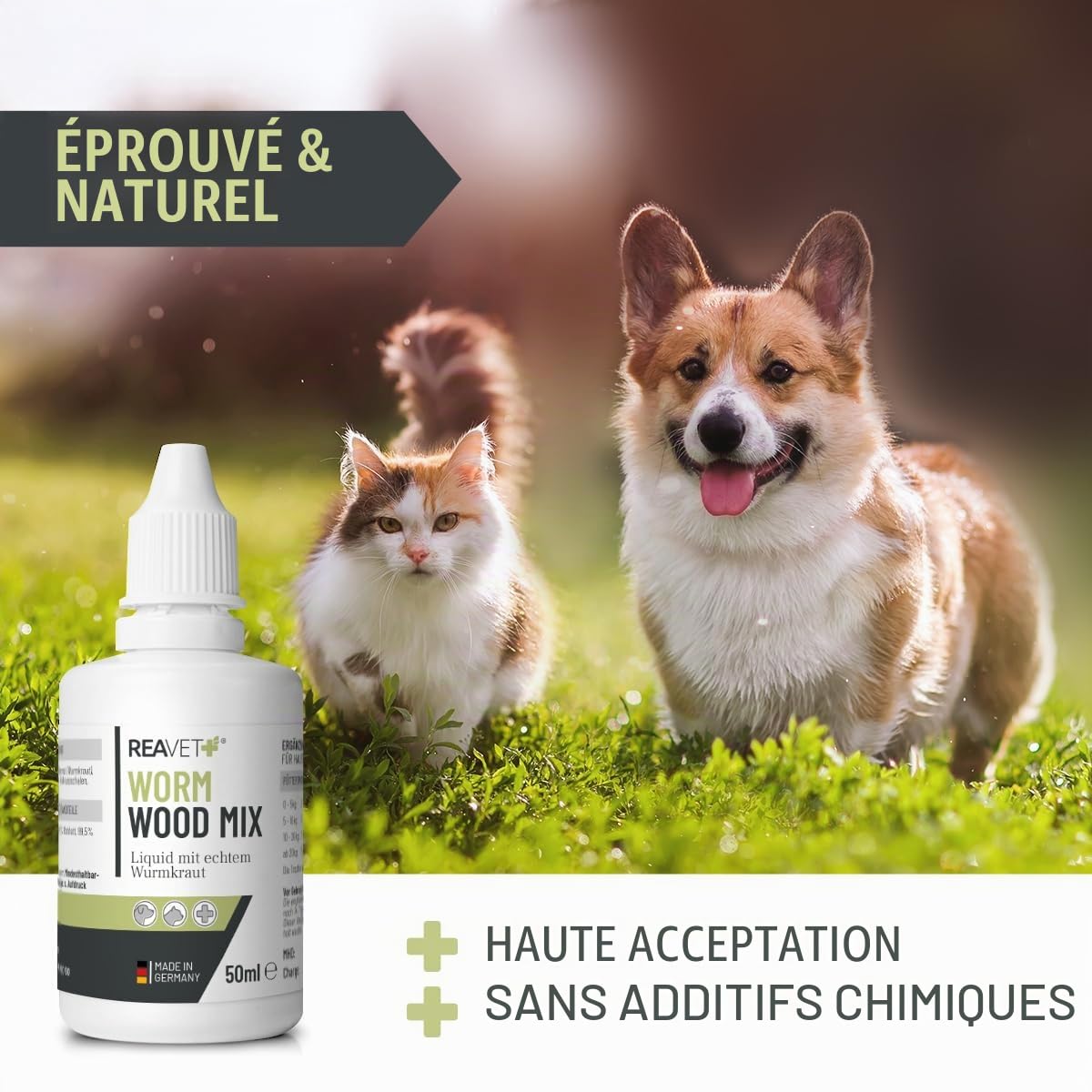 ReaVET Wormwood Mix Gouttes liquides liquides, Alternative Vermifuge, Avant, Pendant et après l'infestation de vers Chien, Chat et Lapin, Tous Les Animaux de Compagnie