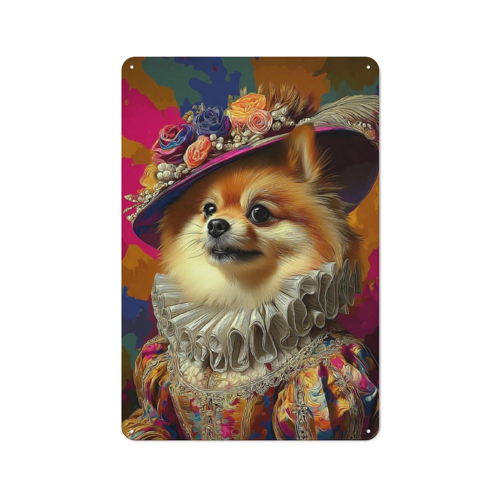 Industrial Decorative Metal Plaque 30x20cm Featuring Regal Pomeranian in Renaissance Attire, Urban Room Decor for Flat, Bar, Studio Or Gallery Wall