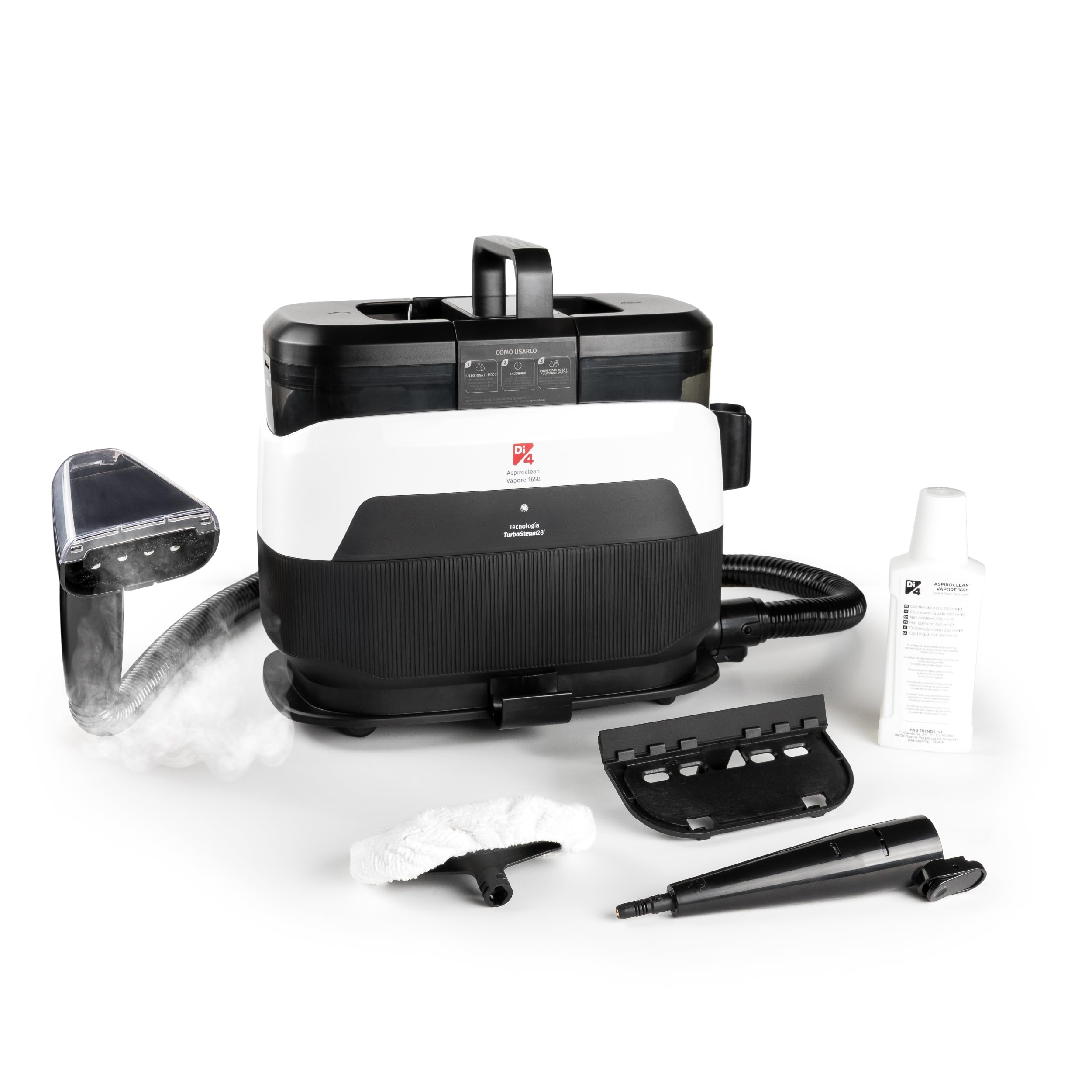 Di4 Aspiroclean Vapore 1650 Limpiador a Vapor, Potencia 1650W, Función Agua Caliente y Vapor, Doble Depósito, Limpiador Vapor Sofá, Alfombras, Tapicerías y Coche, Accesorios Incluidos, Limpiacristales