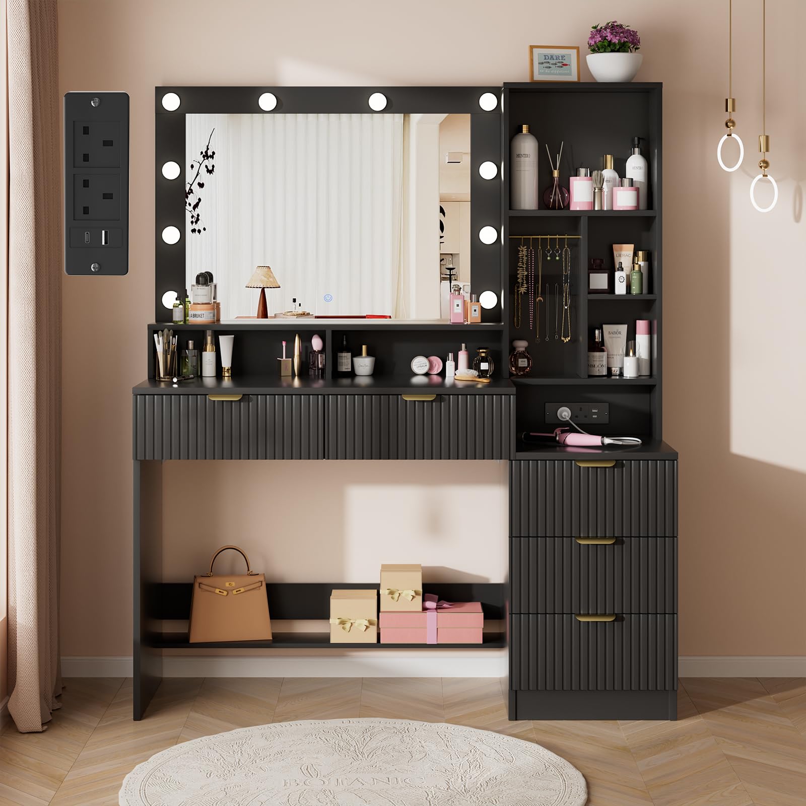 Airfish Dressing Table with Mirror and 10 LED Lights,Vanity Table with 5 Drawers and Power Outlet,Makeup Desk with Open Shelves and Jewelry Hooks for Bedroom (Black)