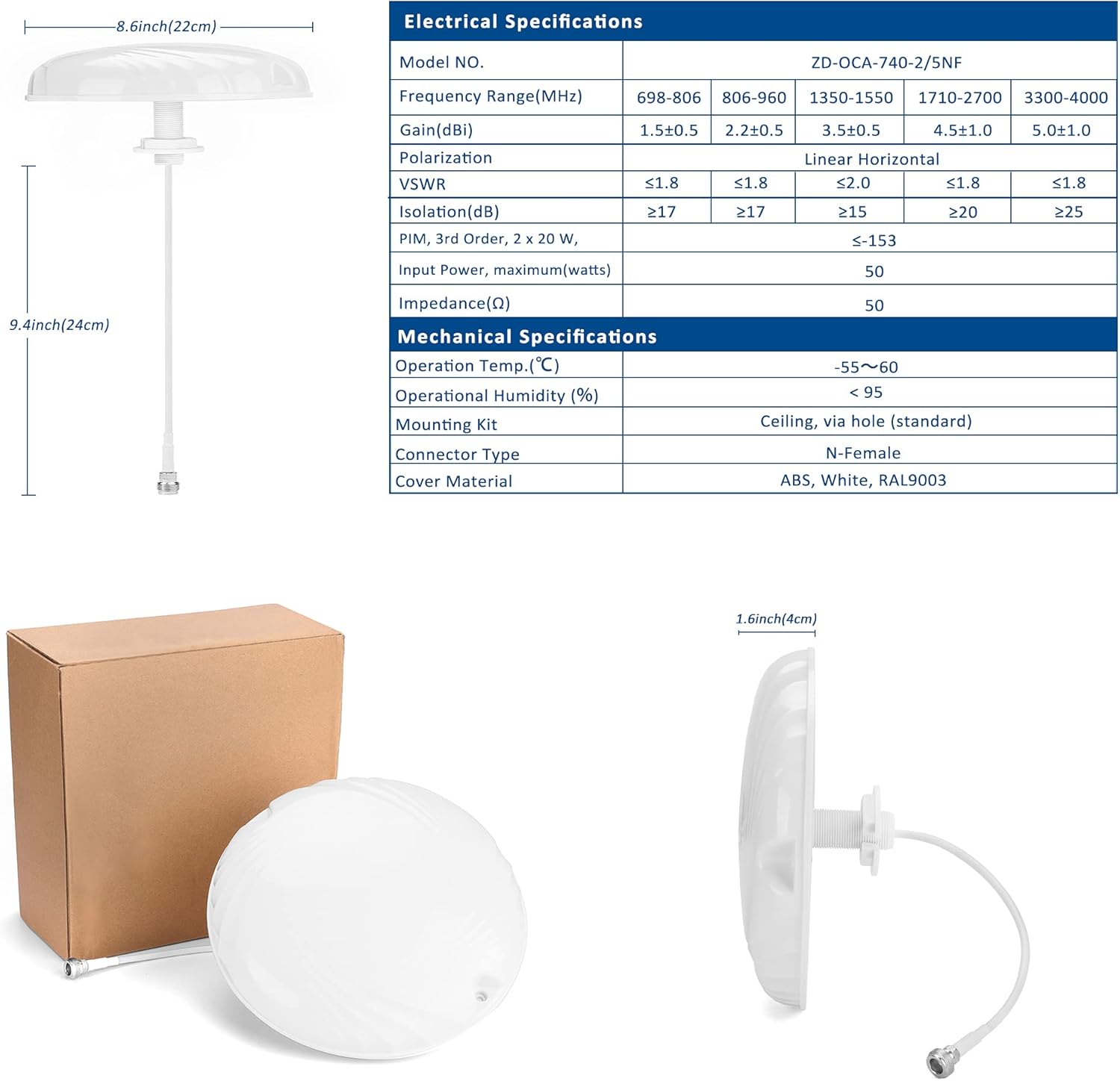 Ultra Thin Dome Ceiling Antenna, Omni-Directional Indoor Antenna, Wide Band Mount Dome Ant with N-Female Connector for Cell Phone Signal Booster Router Gateway (698 to 4000 MHz)
