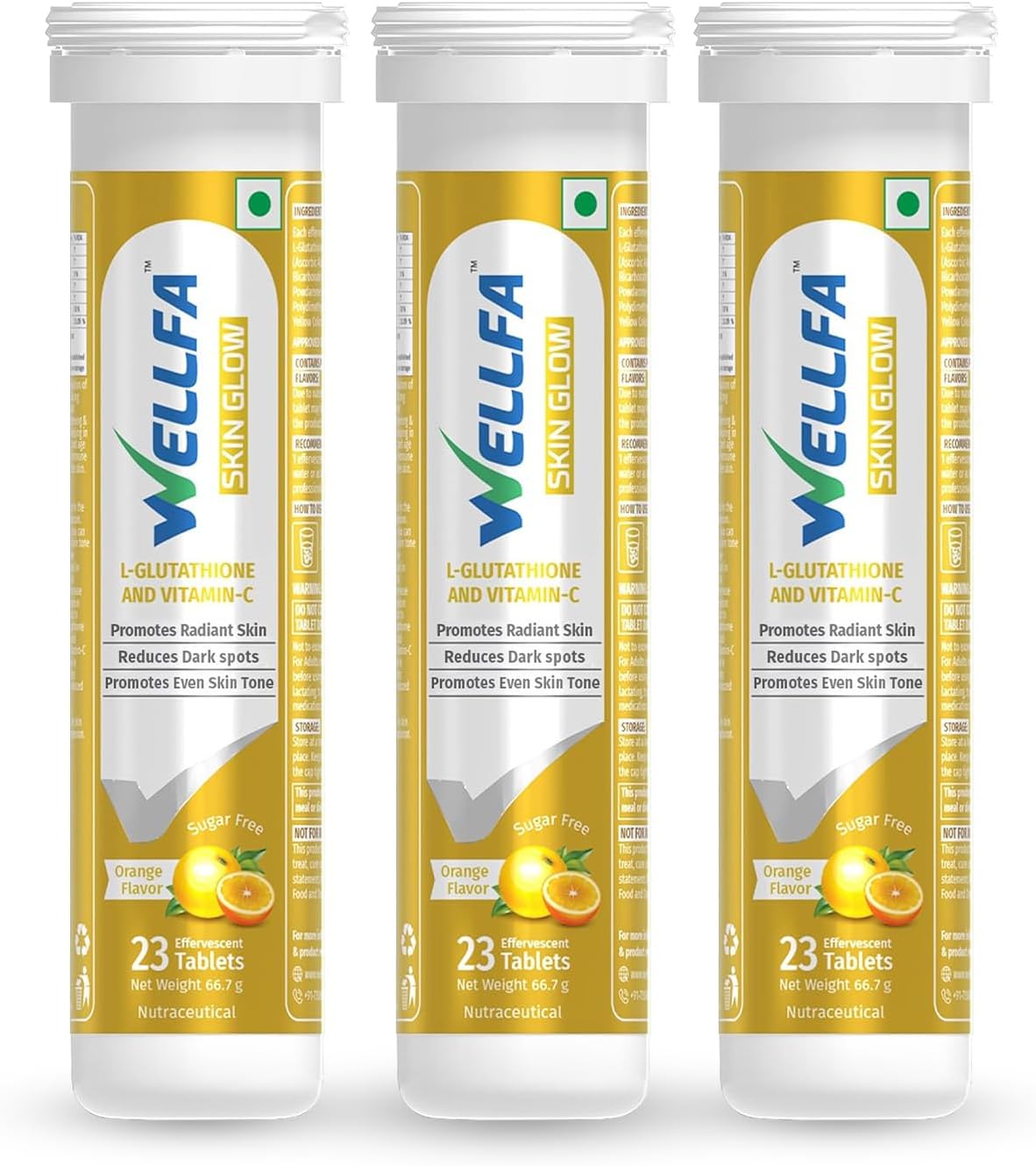 WELLFASkin Glow Effervescent Tablets | L-Glutathione 500 mg + Vitamin C | 69 Tablets (Pack of 3)|Skin Brightening & Radiance Support | Reduces Pigmentation & Dark Spots |