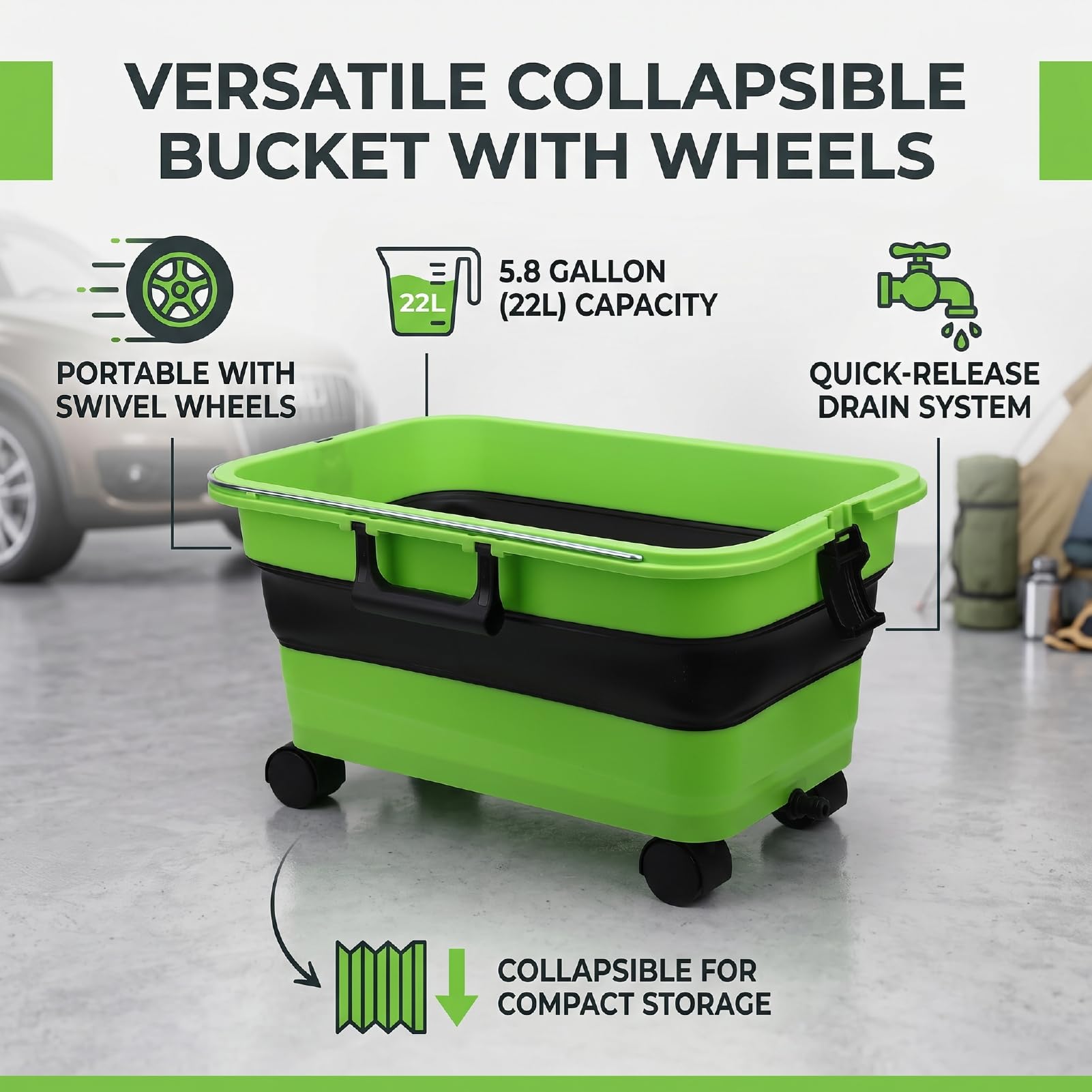 Seau Pliable de 22 litres avec Couvercle Verrouillable, roulettes et Tige de Traction, Système de Drainage Au Fond, Silicone PP, Se Replie à 12 CM pour Le Lavage de Voiture