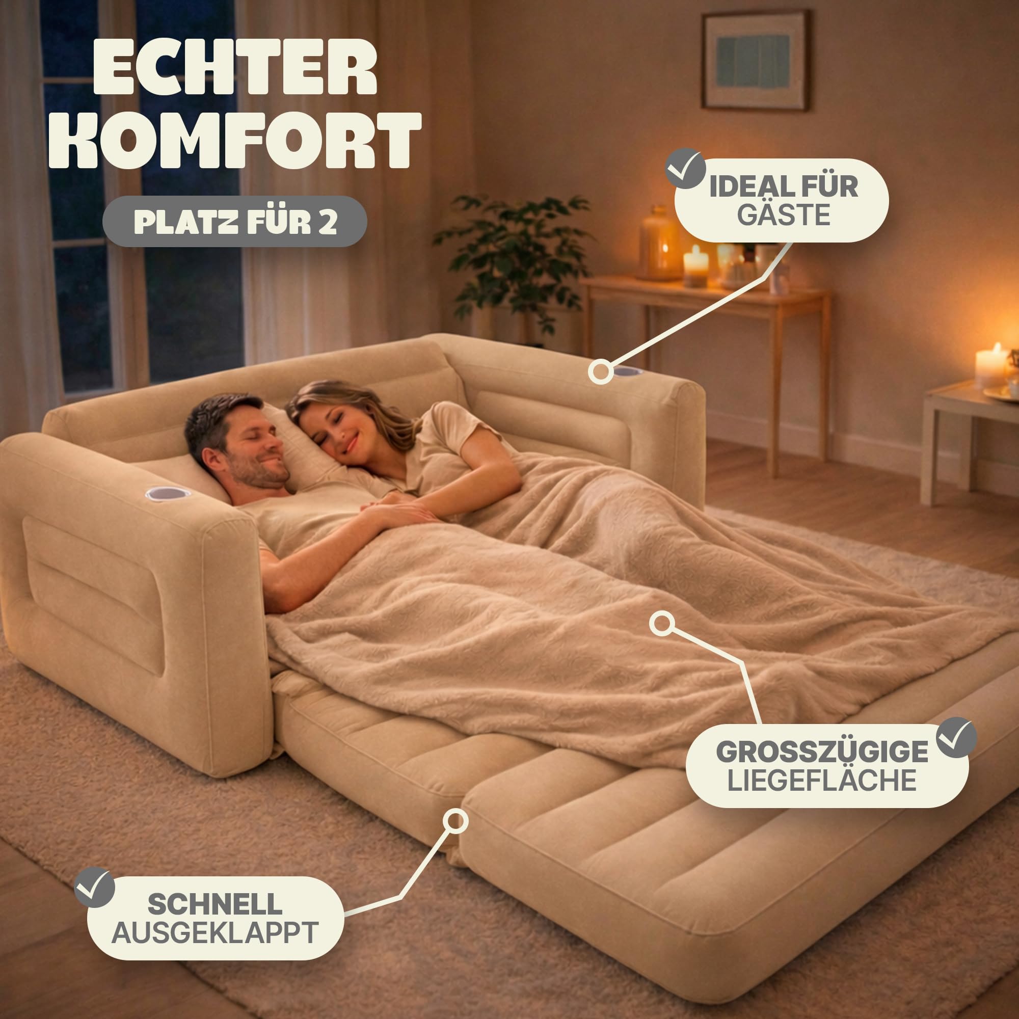 Aufblasbares Sofa Camping mit Pumpe – 2 in 1 Sofa Luftmatratze Camping 2 Personen – Bequeme Camping Couch – Weiche, geflockte Oberfläche – Gästebett aufblasbar (Creme)