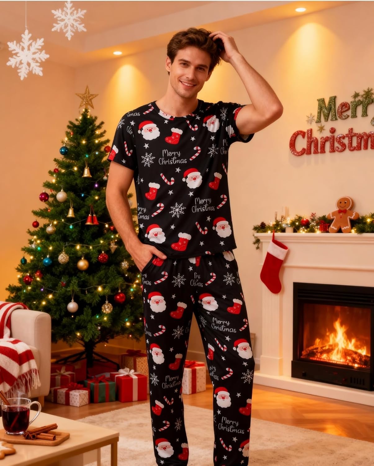 Mens Christmas Pajamas Set Xmas Pjs Short Sleeve Men Santa Claus Sleep Shirts + Pajama Pants S-XXL