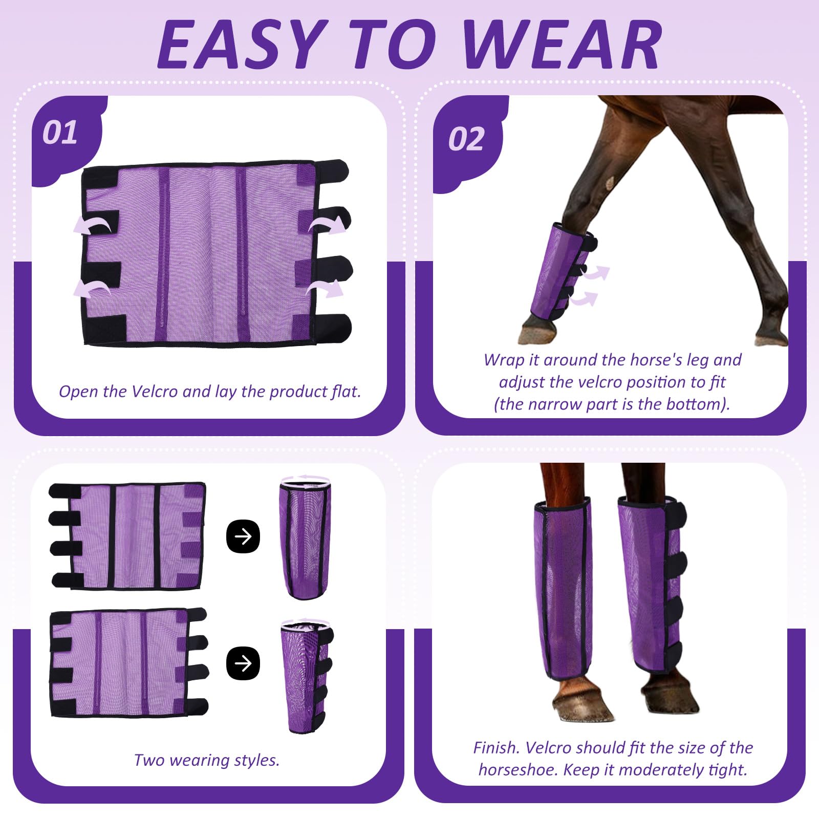 Fly Boots for Horses Set of 4 Reliable Leg Protection from Flies Insects Breathable Mesh Wraps for Turnout Pasture Riding Secure Stay On Fit Purple 4 Boots - Image 4