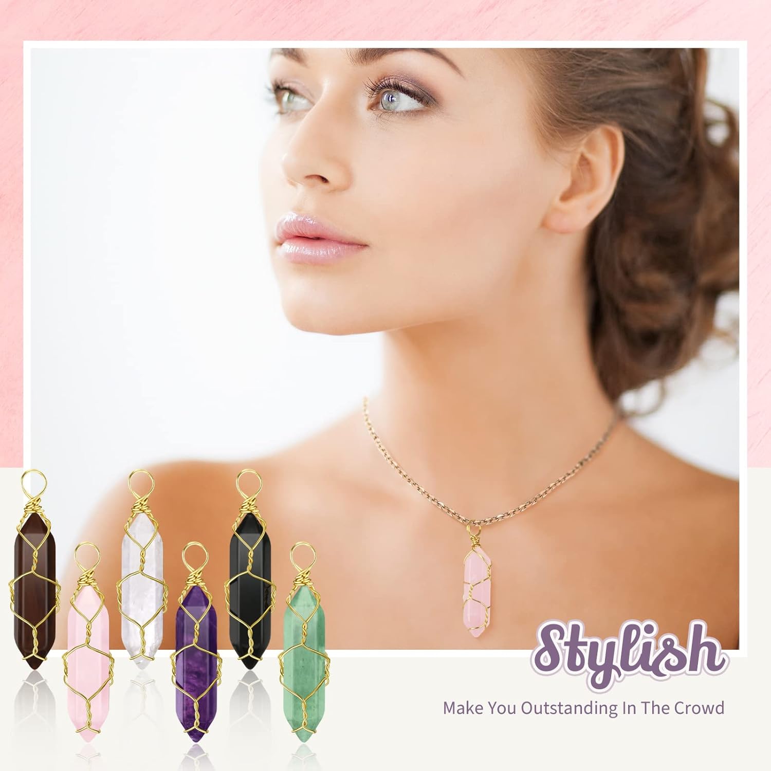 Sureio 18-Piece Natural Healing Crystal Set - Wire Wrapped Quartz Pendants with Tree of Life Design for Jewelry Making - Image 6