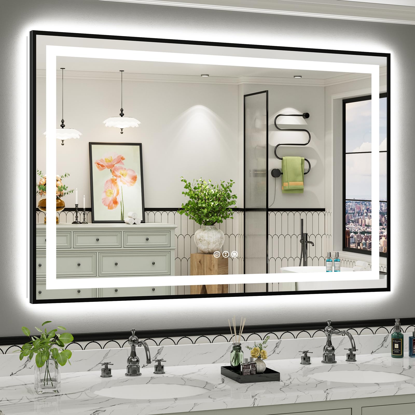 60x40 Inch LED Bathroom Mirror with Black Frame, Backlit &amp; Front Lit