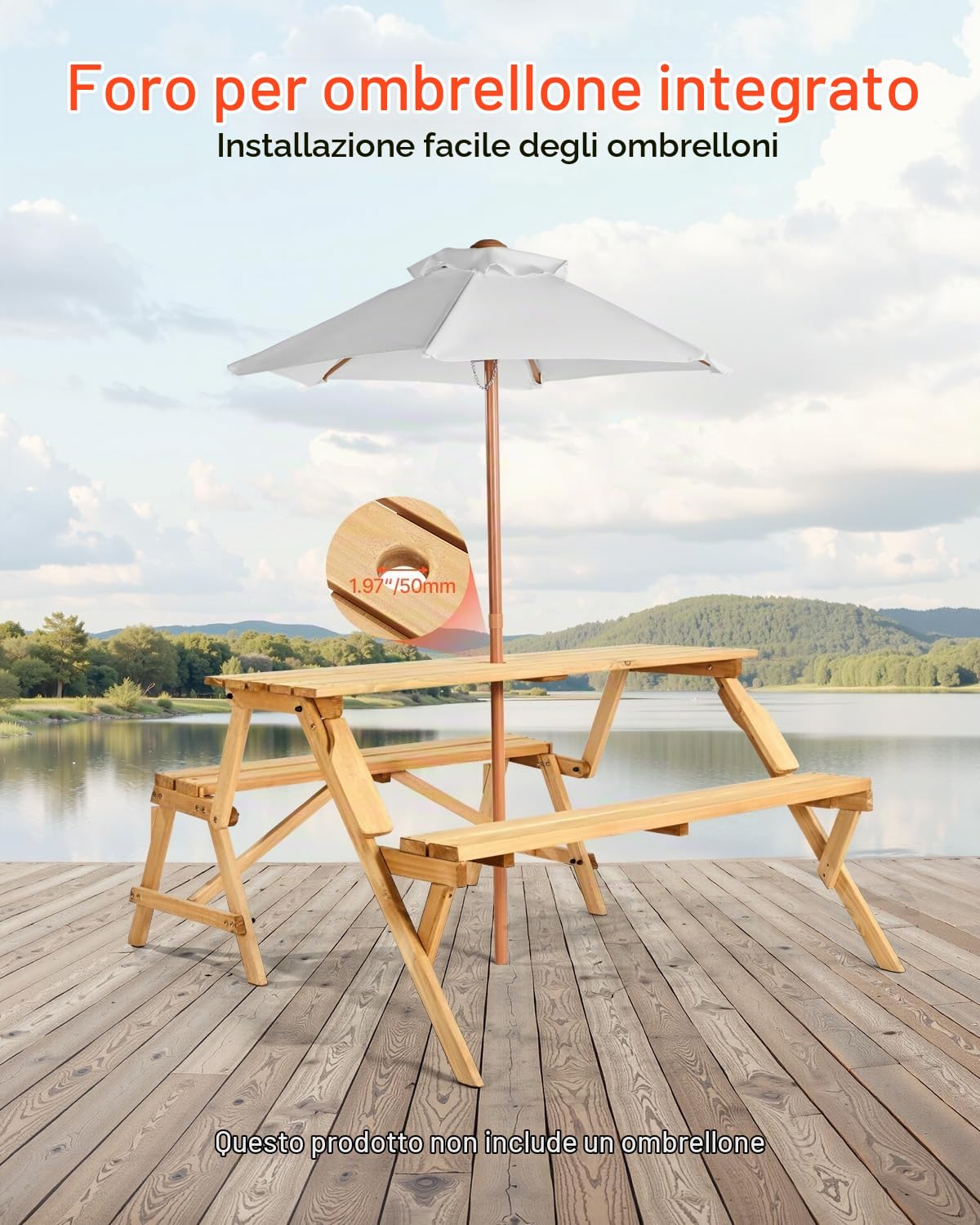 VEVOR Tavolo da Picnic Trasformabile Intercambiabile, Set Tavolo e Panca in Legno per Esterni, Panca Pieghevole Portatile con Foro per Ombrellone, Mobili da Pranzo per Patio per Giardino, Marrone