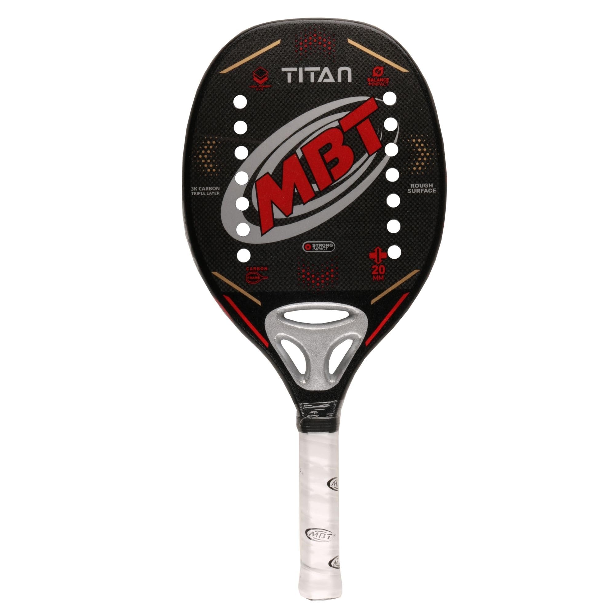MBT TITAN, Raquette Beach Tennis 100% Fibre de Carbone 3K - Surface rugueuse - Eva High Power - Légère et équilibrée - Profil 20mm - Étui inclus