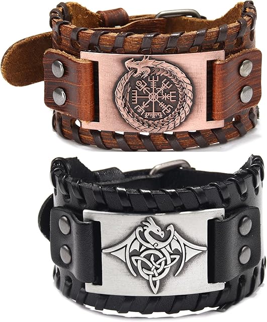 Sehaby 2 Pieces Viking Leather Bracelets, Flying Dragon Totem Bracelet, Vintage Compass Bracelet, Adjustable Cowhide Bracelet, Celtic Knot Cuff Bracelet for Men,SY062-HlongYfeilo-PSL