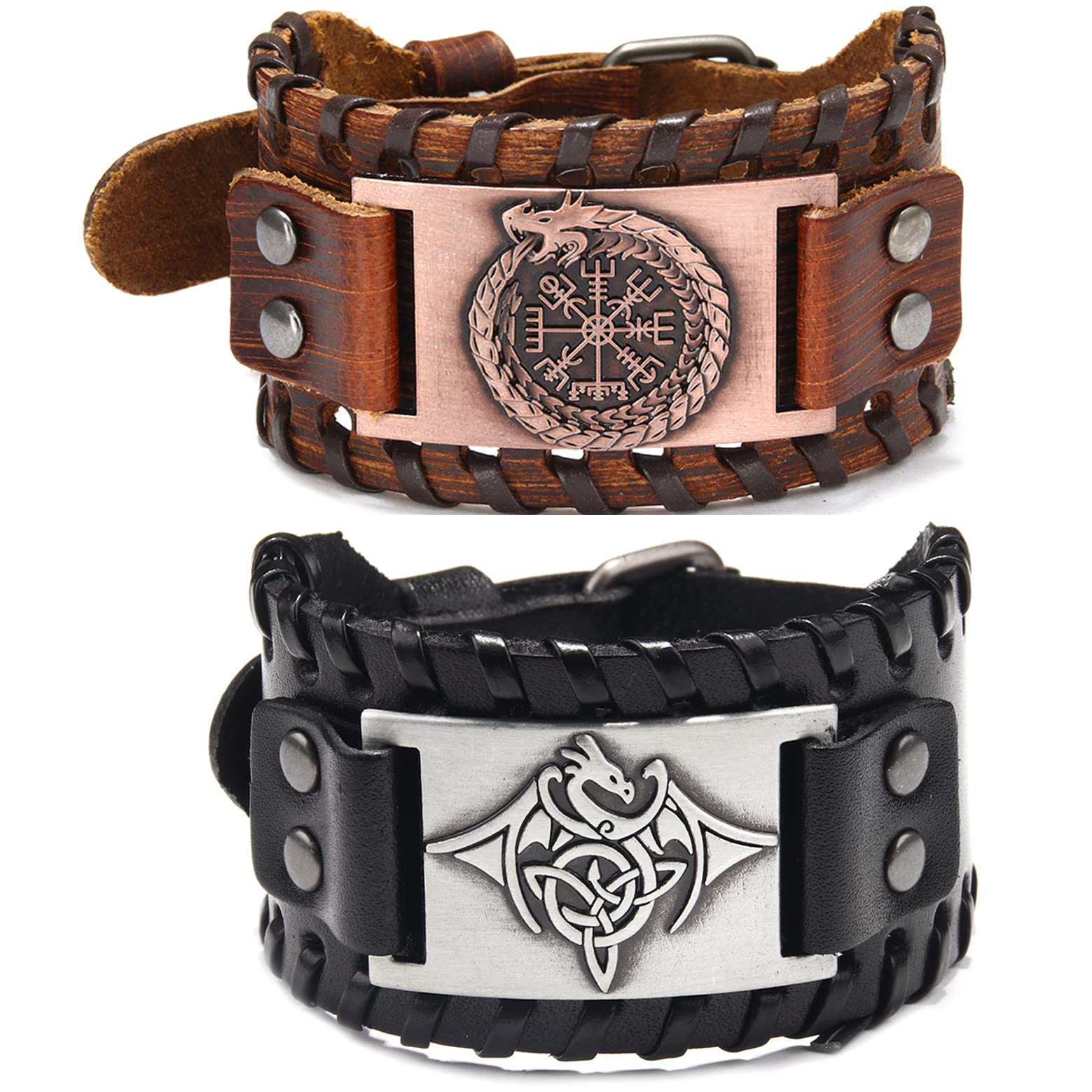 Drakenarmband voor heren, drakenklauw voor jongens, armband met vikingdraak, sieraden van de Uroboro-armband van de draak punk, gevlochten leren armband, 20 cm, Leer Roestvrij staal