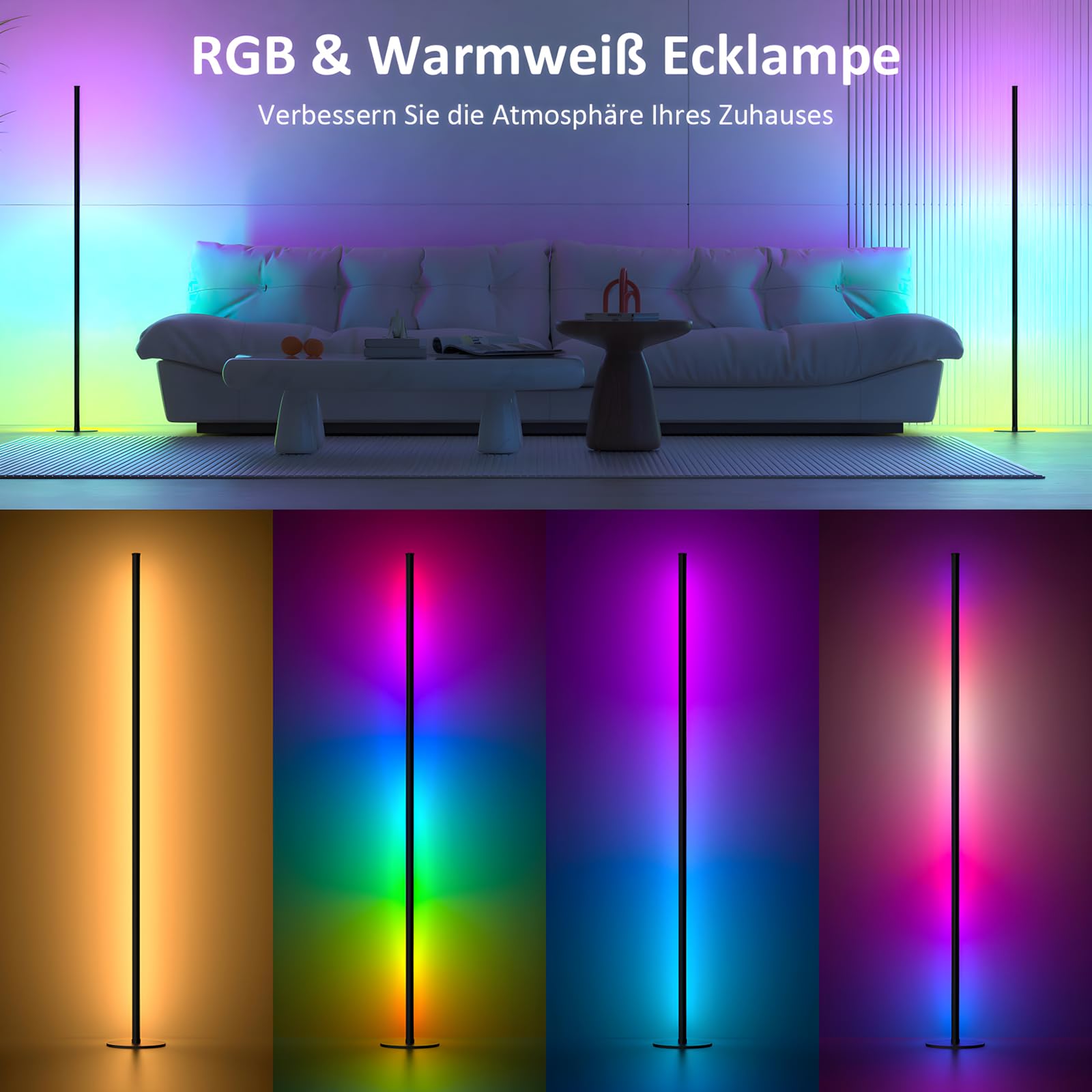 LED Stehlampe Wohnzimmer Dimmbar, 2 Stück Ecklampe mit Fernbedienung und APP, Stehlampe mit 16 Millionen Farben, Musikmodi, DIY-Modus & Timing - Funktion für Wohnzimmer, Schlafzimmer, Spielzimmer