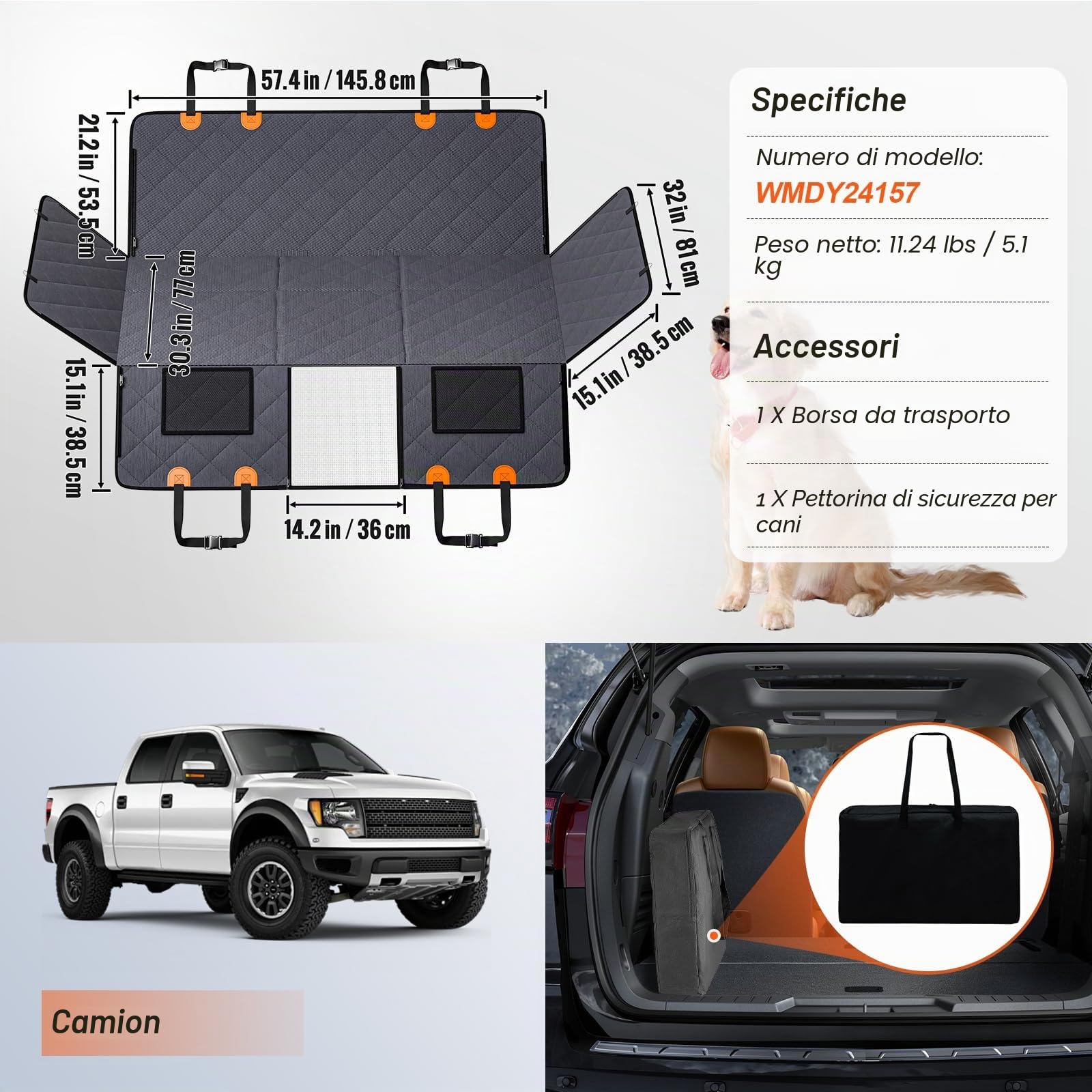 VEVOR Estensione per Sedile Posteriore per Cani, Amaca per Cani Coprisedile per Cani con Fondo Rigido Sedile Posteriore 1420 x 770 mm, 181,4 kg, con Finestra a Rete e Tasca Portaoggetti per Auto, SUV