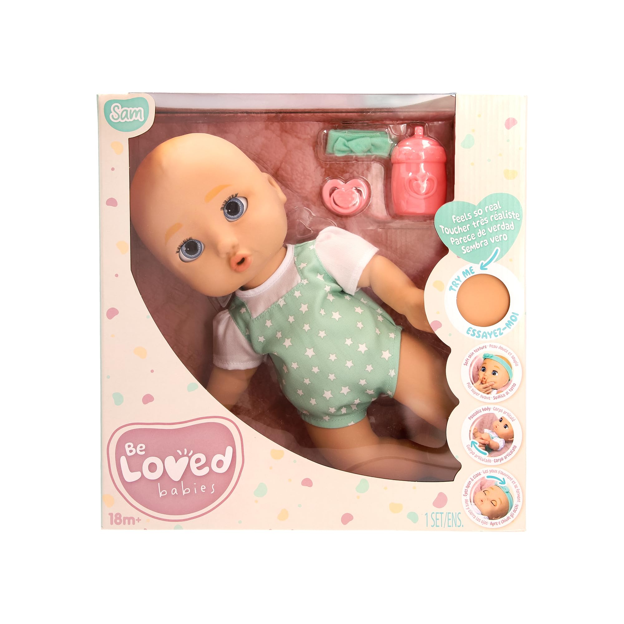 BE LOVED BABIES Realistyczna lalka Sam, ma miękką skórę i zawiera smoczek i butelkę, w pełni przegubowa, zabawka dla dzieci w wieku od 18 miesięcy