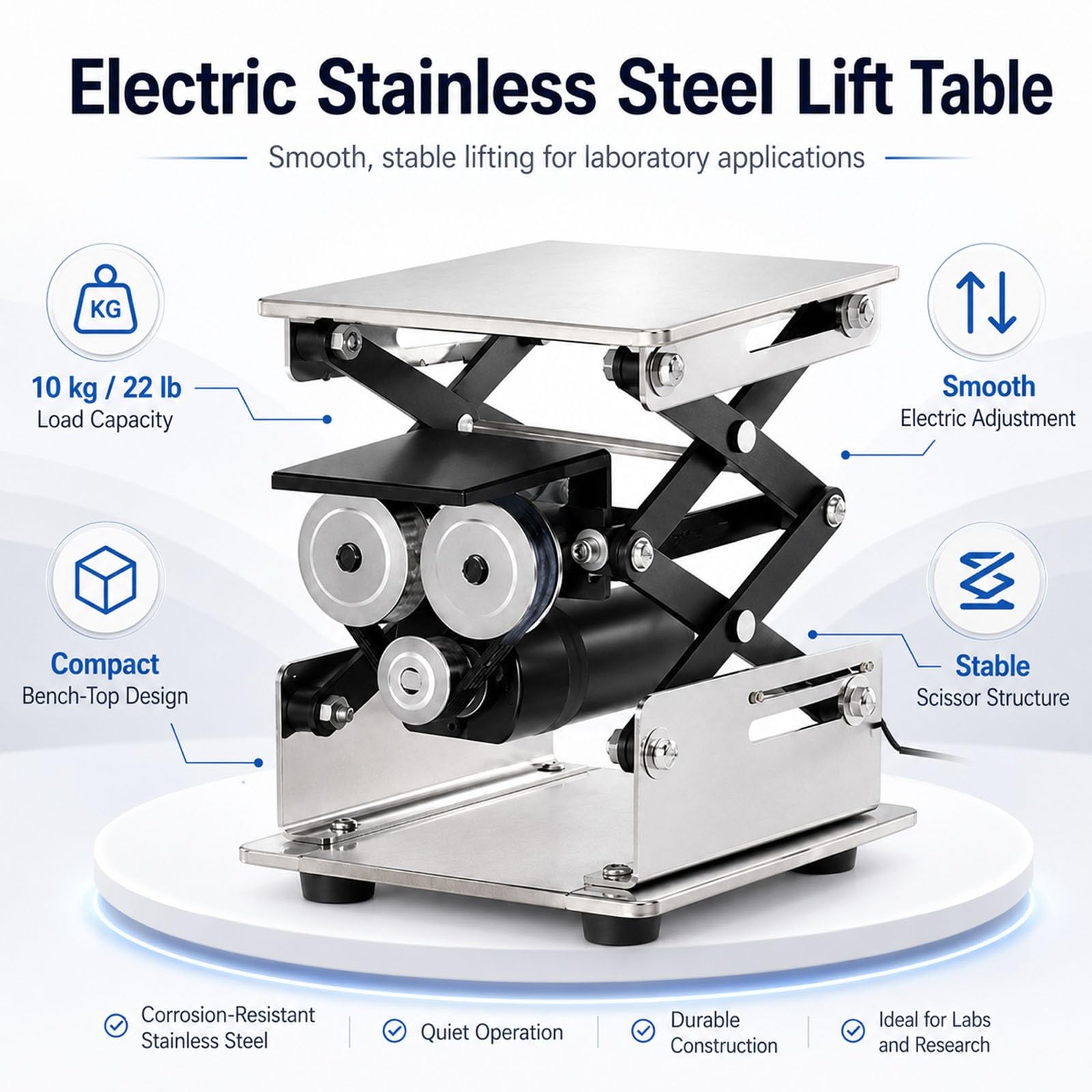 Plataforma Elevadora Eléctrica De Laboratorio Con Gato Hidráulico - Soporte De Tijera De Laboratorio De Acero Inoxidable Con Control, Mesa Elevadora De Precisión Con Capacidad De Carga(150x150mm)