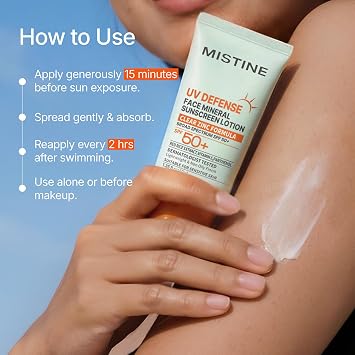 MISTINE Mineral Sunscreen Lotion SPF 50+,No White Cast Zinc Oxide Lightweight Non Oily Finish Korean Sunscreen for Sensitive Skin, Non comedogenic, Reef Safe, Travel Size-1.35 Fl Oz/40mL