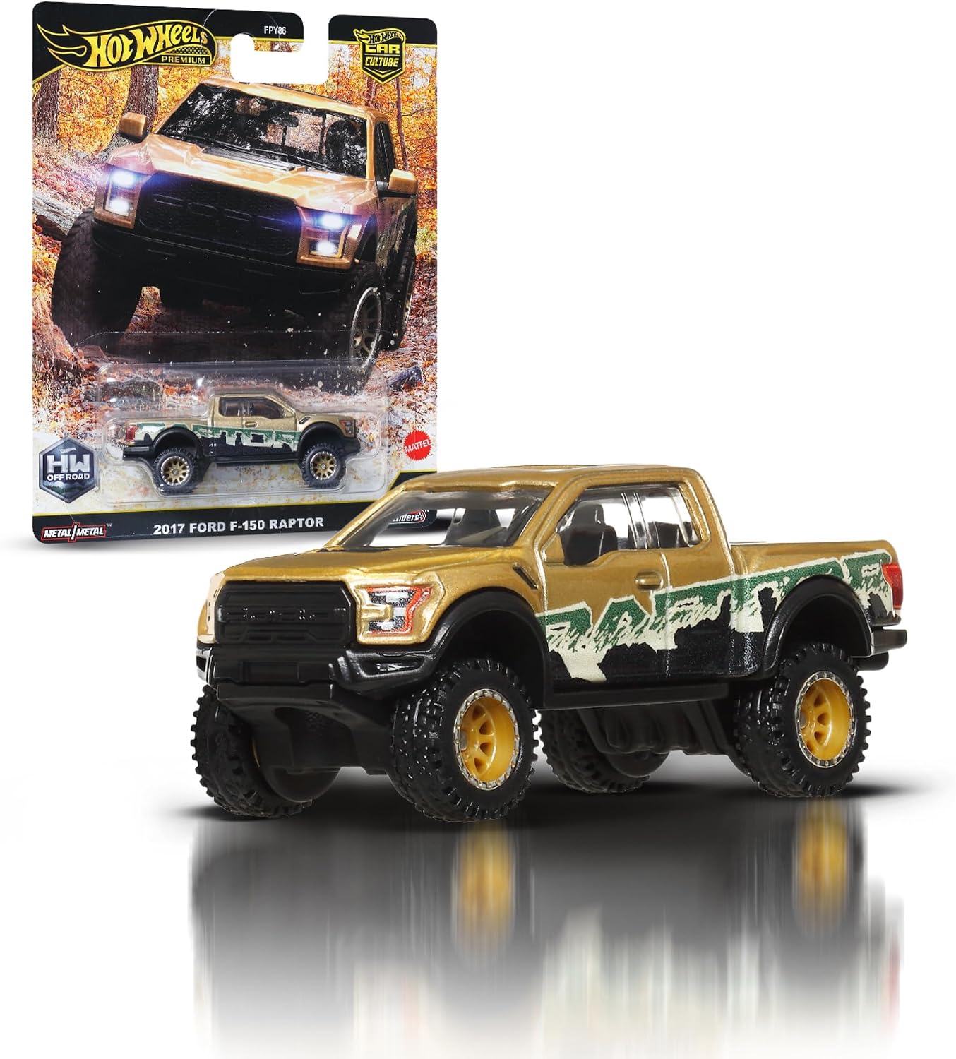 Hot Wheels Premium Car Culture Kultowe auta Off Road ’17 Ford F150 Raptor Metalowy samochód zabawka w skali 1:64 z oponami Real Riders