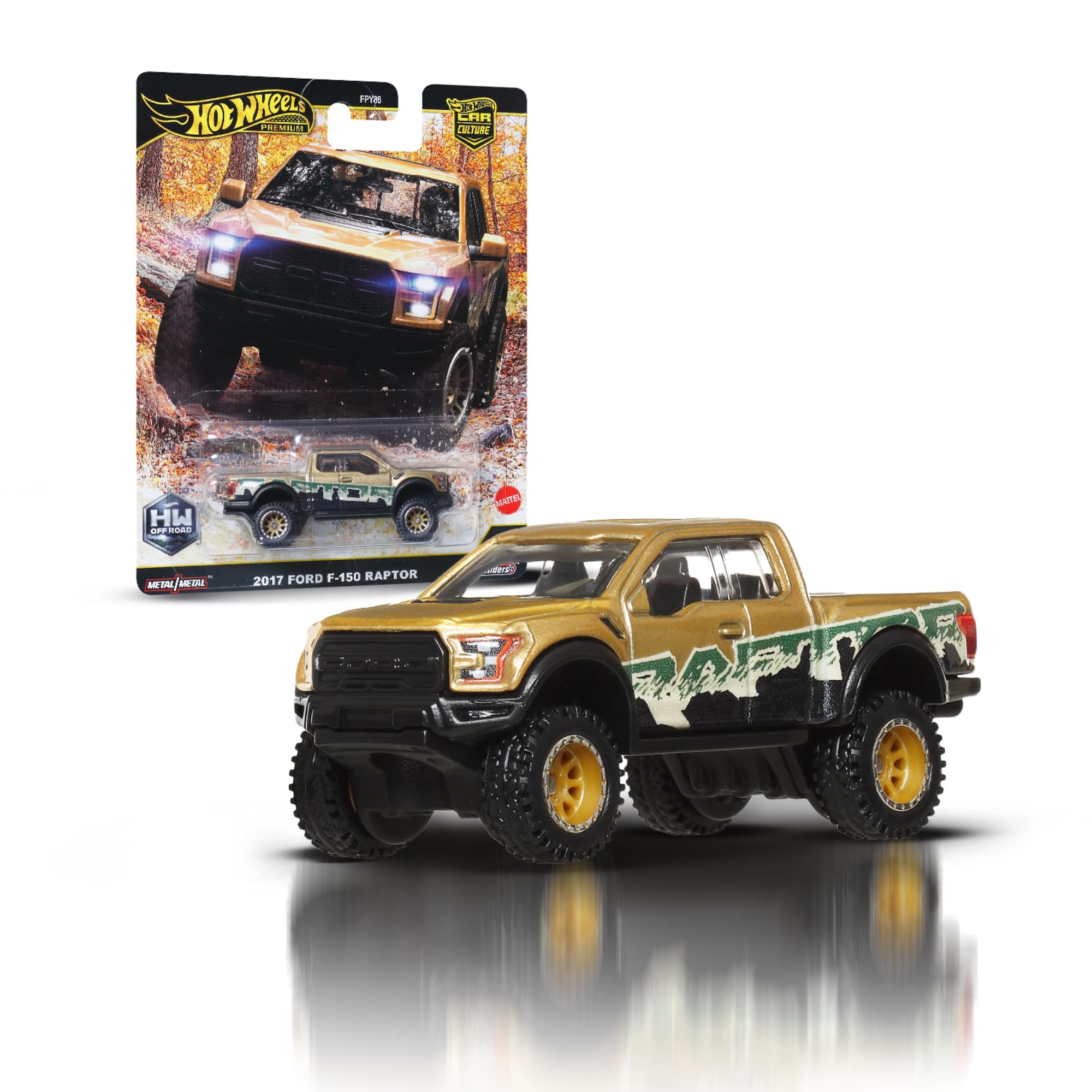 Hot Wheels Premium Car Culture Sammel-Spielzeugauto, Die-Cast '17 Ford F150 Raptor im Maßstab 1:64, Geländefahrzeug mit Real-Riders-Reifen, JBK70