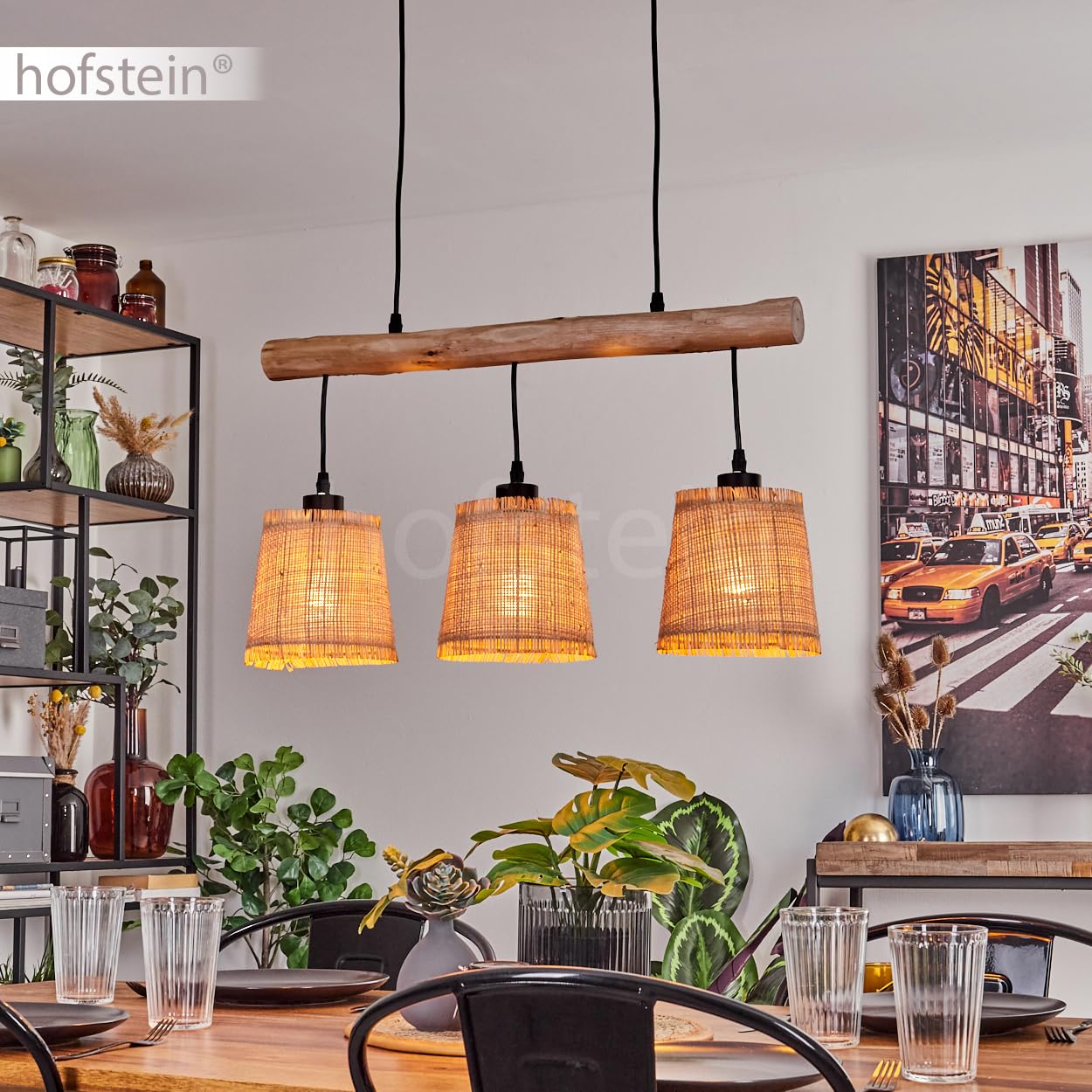 Suspension Soungou, lampe à suspendre moderne en bois/métal/marbre en naturel/noir/beige, lampe à suspendre à 3 flammes au design scandinave, hauteur max. 135 cm, 3 x E27, sans ampoules