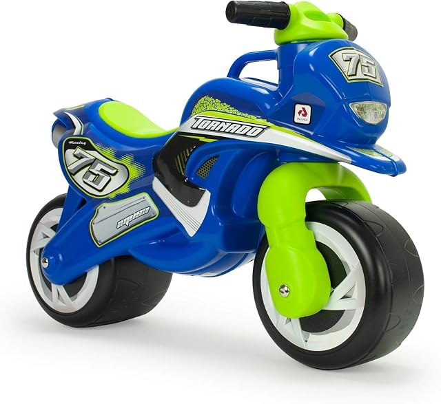 INJUSA - Moto Correpasillos Tundra Tornado Color Azul y Verde con Decoración Permanente e Impermeable Ruedas Anchas de Plástico y Asa de Transporte para los Padres Recomendada Niños +18 Meses
