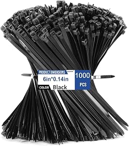 Cable Zip Ties 6 inch, 1000pcs Cable Ties Black, 40lbs Multi-Purpose Self-Locking Nylon Small Cable Management, UV Resistant Wire Ties, 150mm / 15cm Plastic Ties for Home, Garden, Workshop