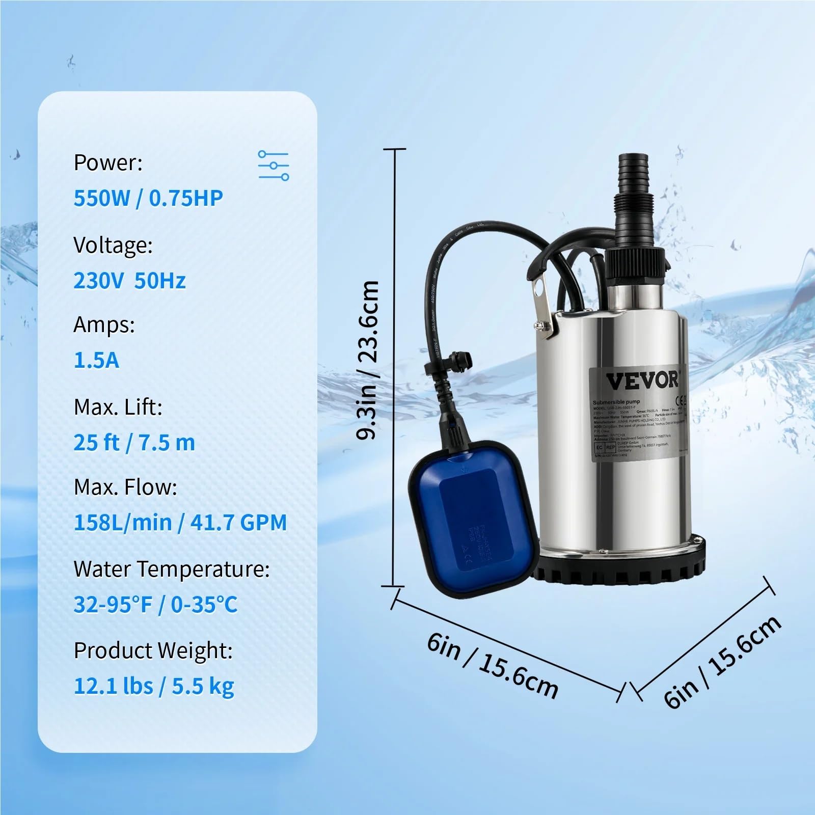 Bomba sumergible de sumidero SucceBuy para aguas residuales, 550 W - 2200 W, para bombear agua de piscinas y sótanos. (550 W, 0,75 HP)