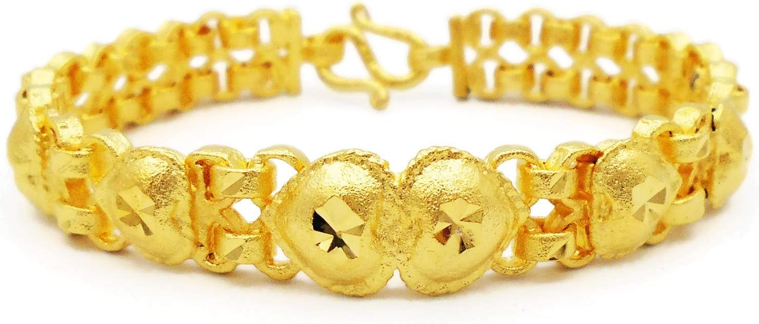 arrawana77 Heart 22K 23K 24K Thai Baht Yellow Gold Plated Bracelet 7 inch Jewelry Women