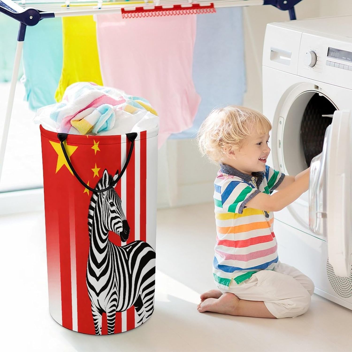 Black And White Zebra And National Flag Laundry Hamper 86L Waterproof Collapsible Clothes Basket with Double Handles Freestanding Foldable Laundry Basket Large Clothes Hamper for Bathroom