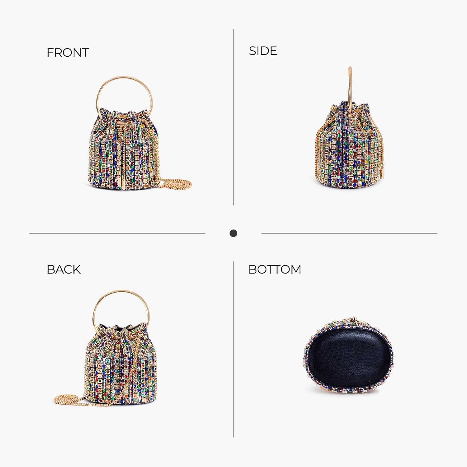 embellished Bucket Bag with Ring Handle, Multicolor Crystal Rhinestone, Gold Chain Strap, Evening Clutch